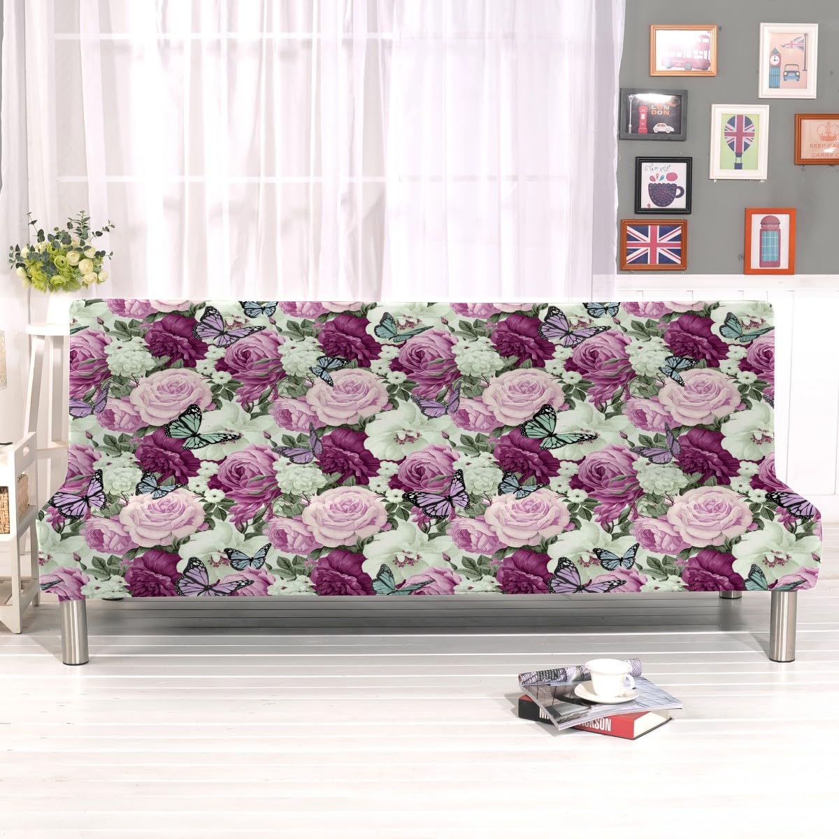 Armless Sofa Bed Cover Polyester Spandex Stretch Futon Slipcover Protector 3 Seater Elastic Full Folding Couch Sofa Cover fits Folding Sofa Bed without Armrests 80" x 50" in(Butterfly Flower) - Image 2