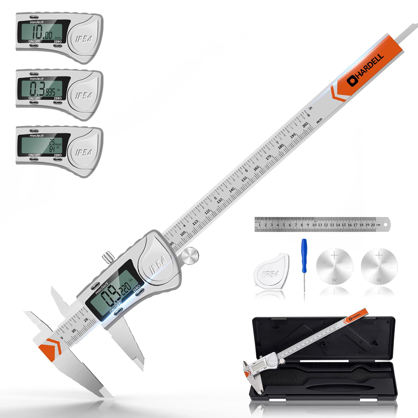 HARDELL Calibrador digital de 8 pulgadas, calibradores IP54 resistentes con 3 baterías y cubierta adicional, micrómetro digital de acero inoxidable, calibrador Vernier, pulgadas/mm/fracción, apagado