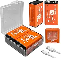Bateria 9V Recarregável 1100mAh, 2 Unidades, Bateria de Lítio com USB Type-C, Longa Duração 1200 Ciclos, Carregamento Rápido, Substitui Baterias Alcalinas
