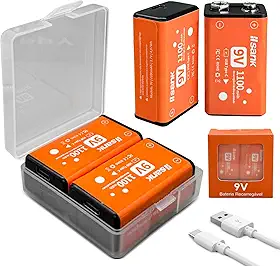Bateria 9V Recarregável 1100mAh, 2 Unidades, Bateria de Lítio com USB Type-C, Longa Duração 1200 Ciclos, Carregamento Rápido, Substitui Baterias Alcalinas