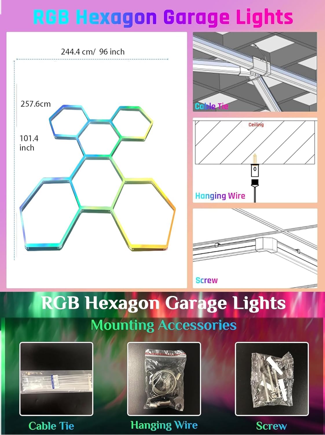 RGB Hexagonales Luces Garaje Luz De Garaje Hexagonal Rgb,Luz Hexagonal Led Techo Garaje 358 +Modelo Música Mando a Distancia cochera Belleza del coche,luz Nido De Abeja Neon Led Garage,RGB,6 HEX