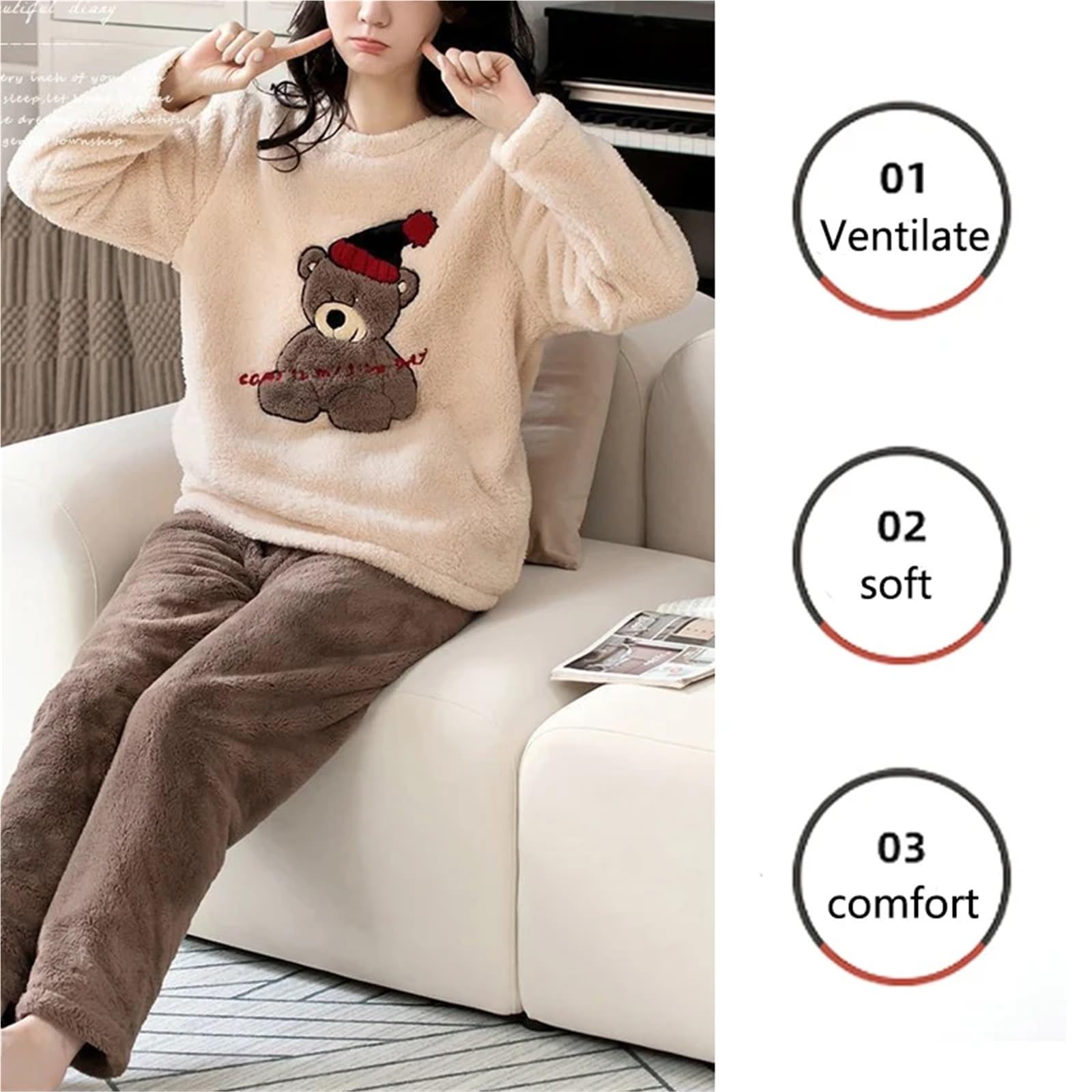 2pcs/Set Large Size Padded Thickened Warm Fall and Winter Women's Pajamas – Long-Sleeved, Long Pants Set, Coral Velvet(XL(60-70kg))