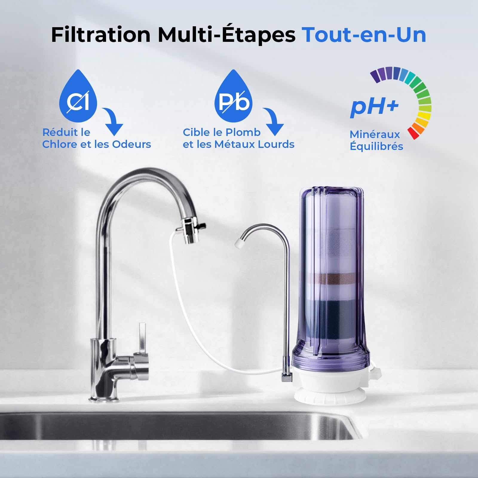 iSpring CT10-CL Système de Filtration d'Eau Potable de Comptoir à Plusieurs Niveaux avec Adaptateur de Robinet Polyvalent, Transparent