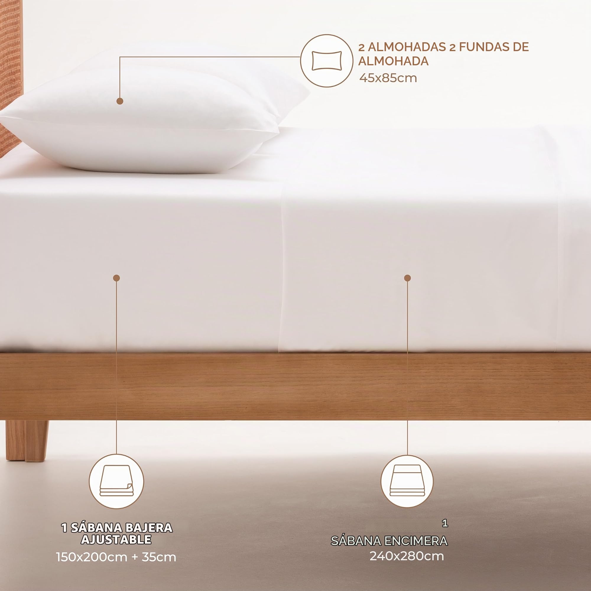 Hönia Juego Sábanas 150x190/200 cm, TENCEL™ Lyocell Sateen 300TC, Blanco | Frescura y Suavidad Natural | Fibra de Eucalipto | 4 Piezas: Bajera Ajustable y 2 Fundas de Almohada