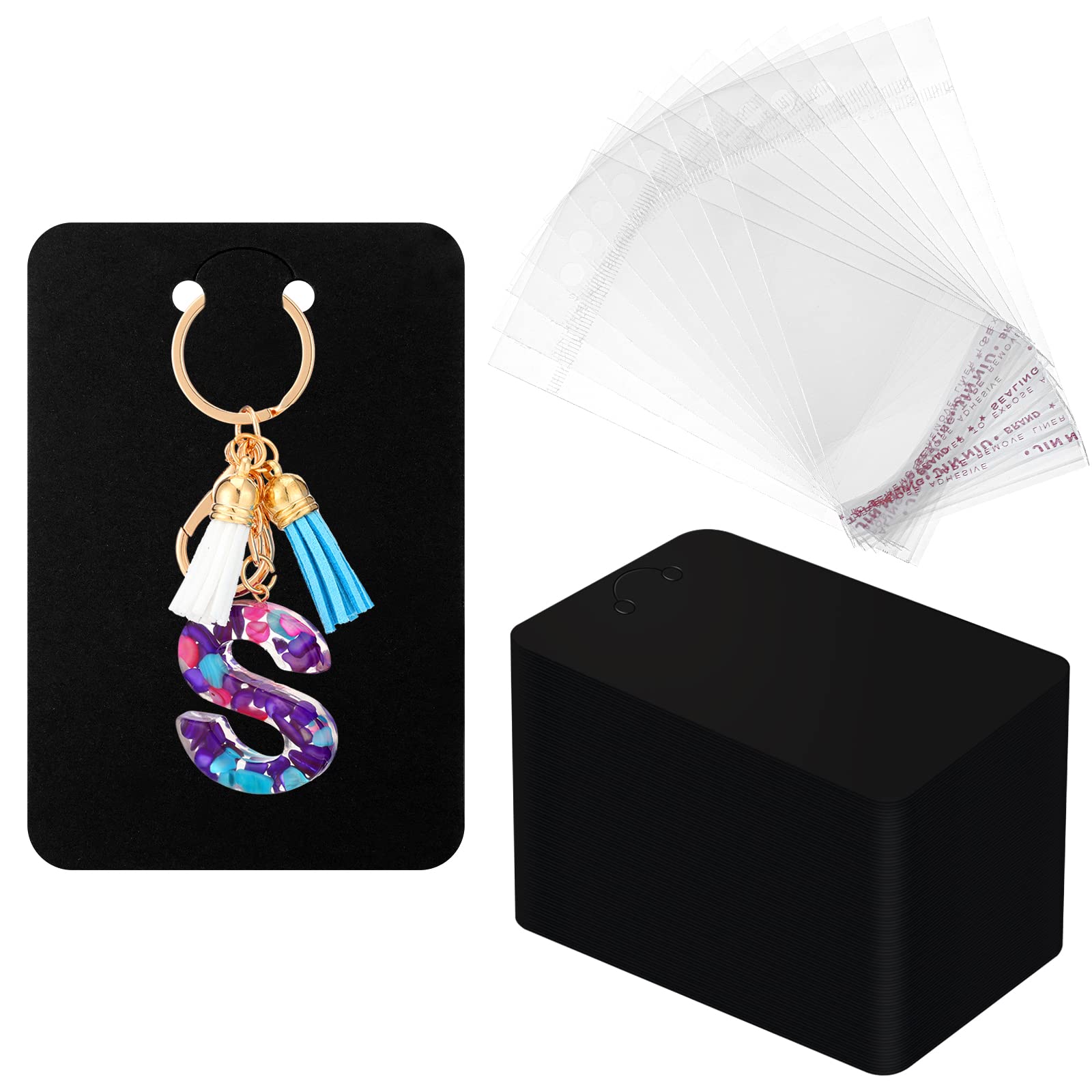 320 Pcs Keychain Display Cards Self Sealing Bags 2.3 x 3.5 Inch Jewelry Cards for Selling Small Business Necklace Packaging (Black)
