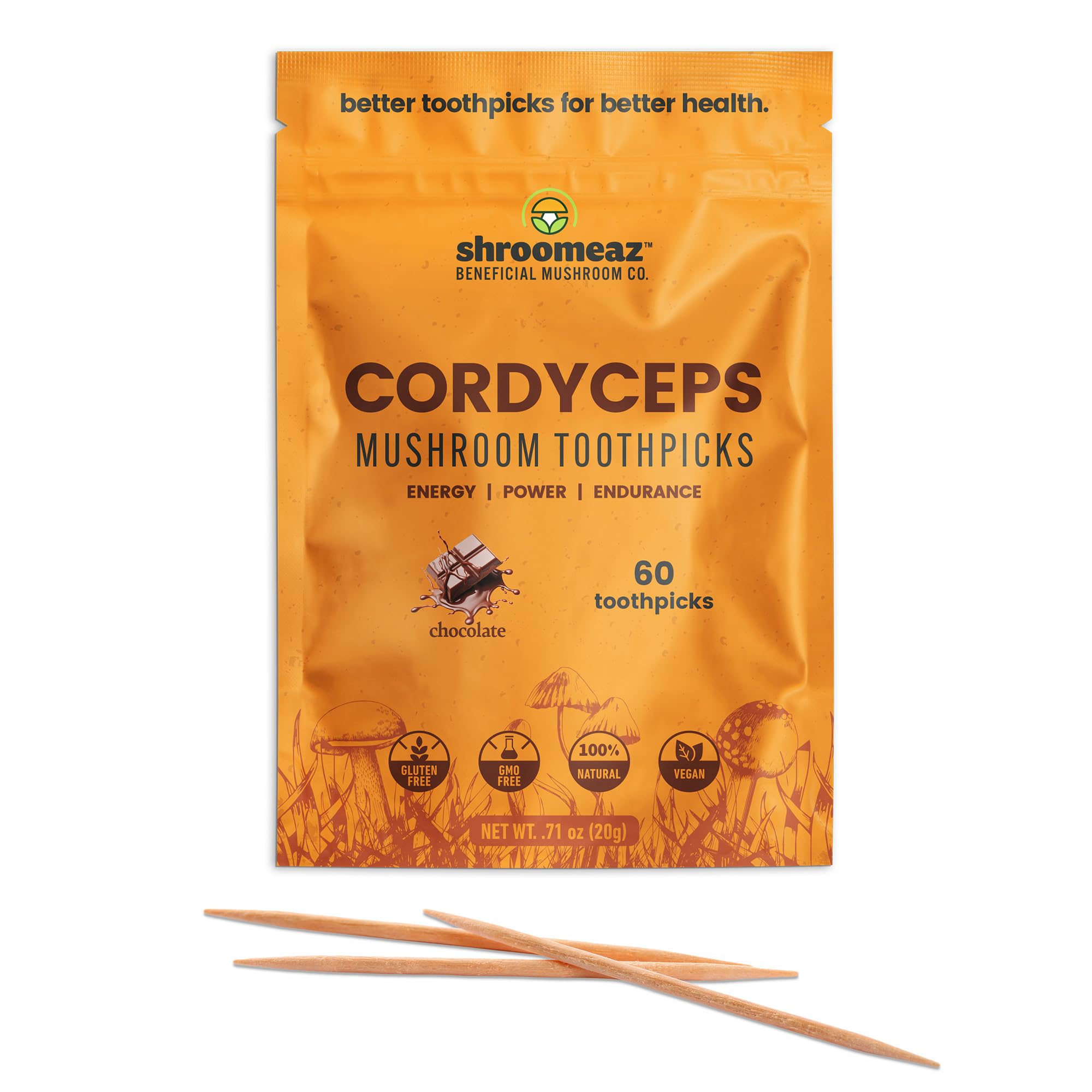 Shroomeaz Cordyceps Infused Flavored Toothpicks - Mushroom Supplement for Energy & Immune Support (60 Picks - Chocolate)
