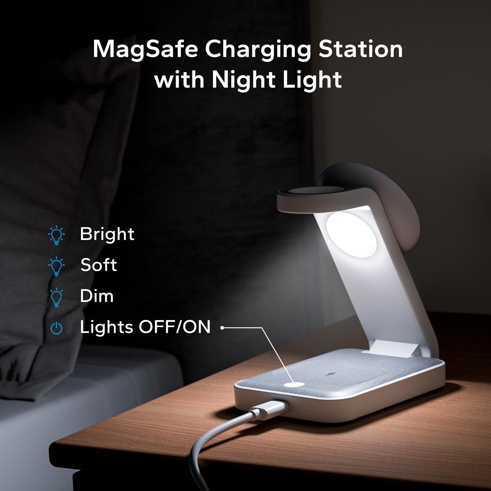 eazpower 3 in 1 Foldable Wireless Charging Station for MagSafe, Travel Magnetic Charger Stand for iPhone 16 15 14 13 Pro Max, Nightstand Charging Dock with Night Light for Apple Watch/AirPods (White)