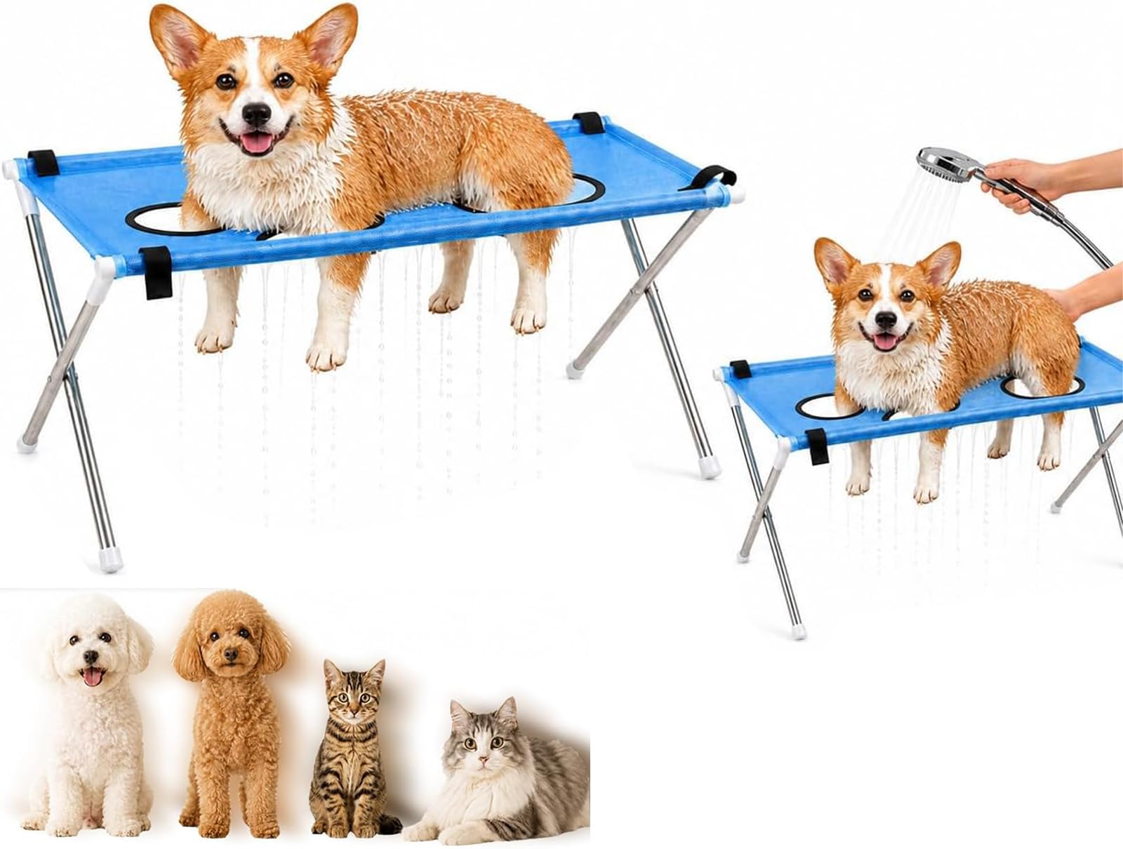 Pet Bathing Hammock for Dogs Cats, 8-Hole Grooming Harness with Stand for Bathing and Grooming, Nail Trimming and Ear Cleaning（Blue）