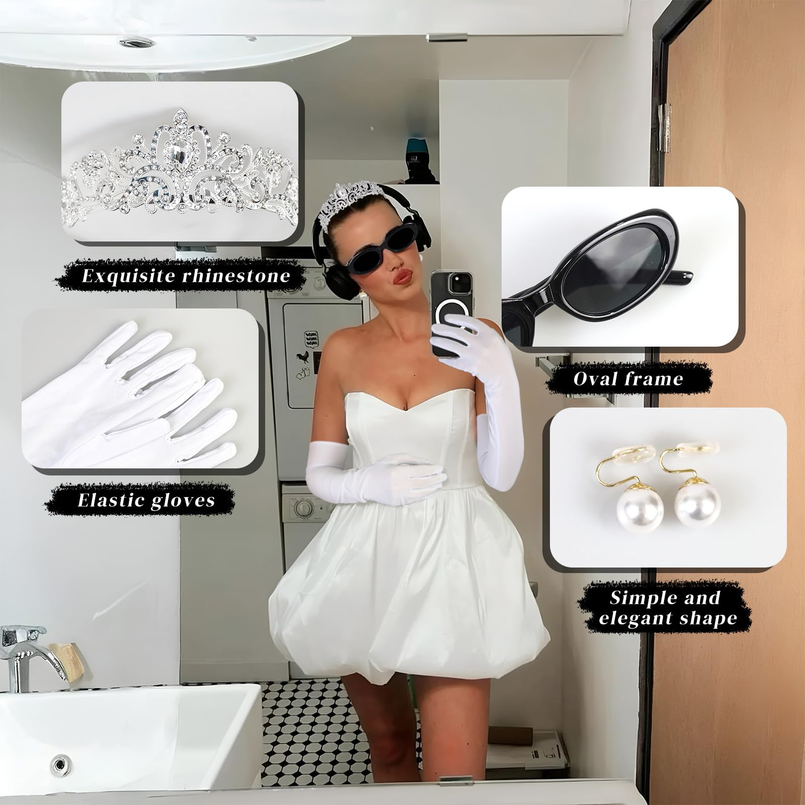 Oerphh 4pcs Princess Accessories, Crown Accessories Kit with Princess Tiaras Long Gloves Vintage Sunglasses - Image 4