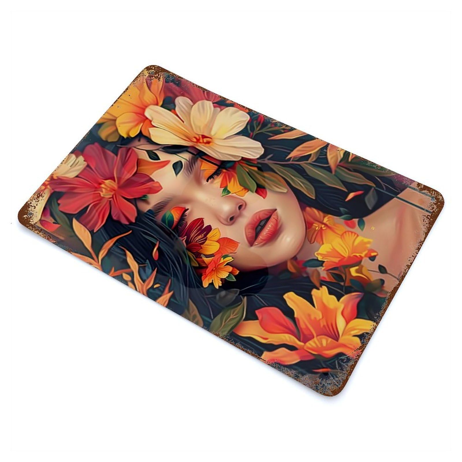 Floral Portrait Weathered Tin Sign 11.8"x7.9", Retro Wall Decor for Pub, Kitchen And Man Cave Decor
