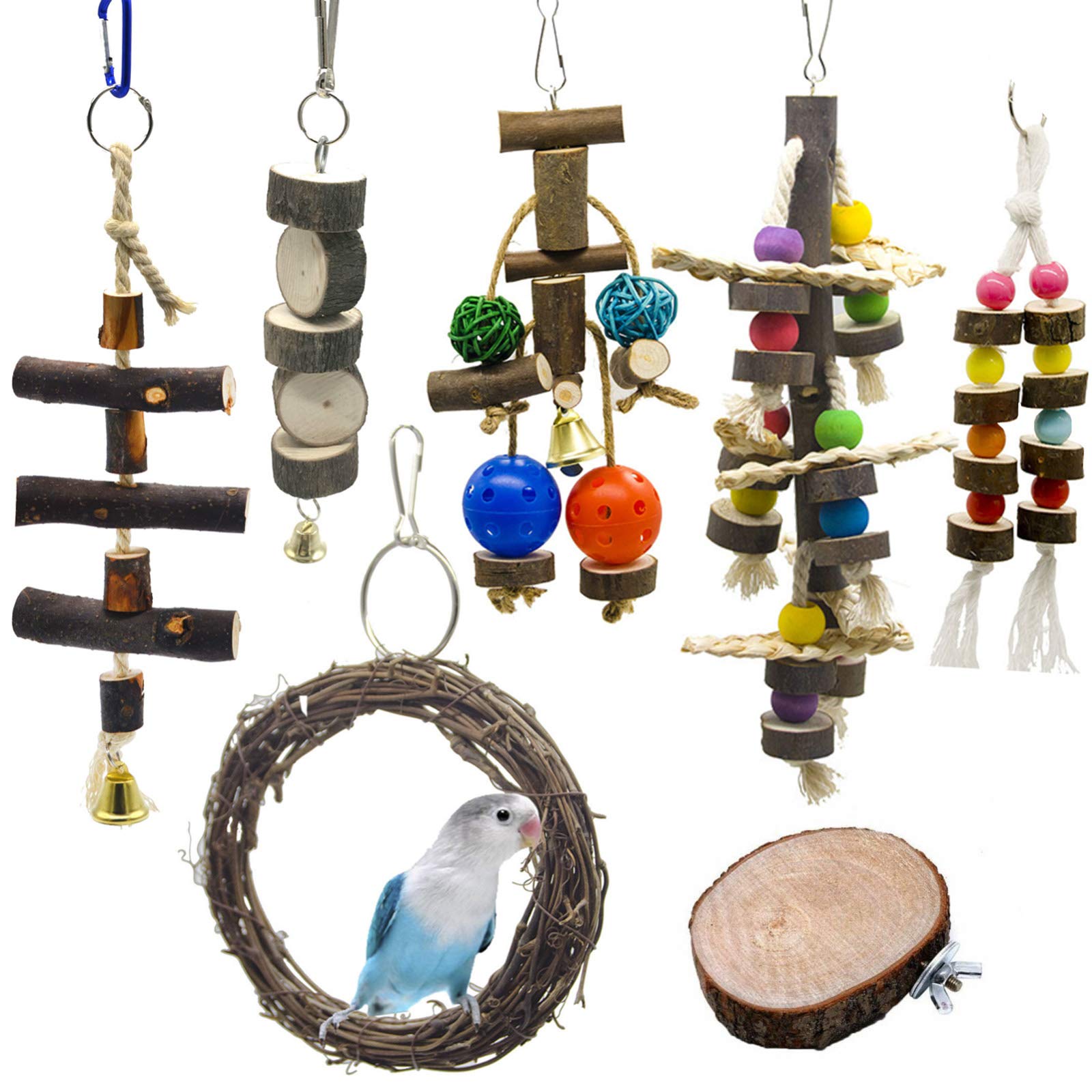 Chikanb Juguetes de Ave Colorida para Masticar, 7 Piezas Pájaro Columpio de Juguetes, percada de Madera y Escalera, Colgar Juguetes de Jaula de Pájaro para Periquito Cockatiel Conure Guacamayo