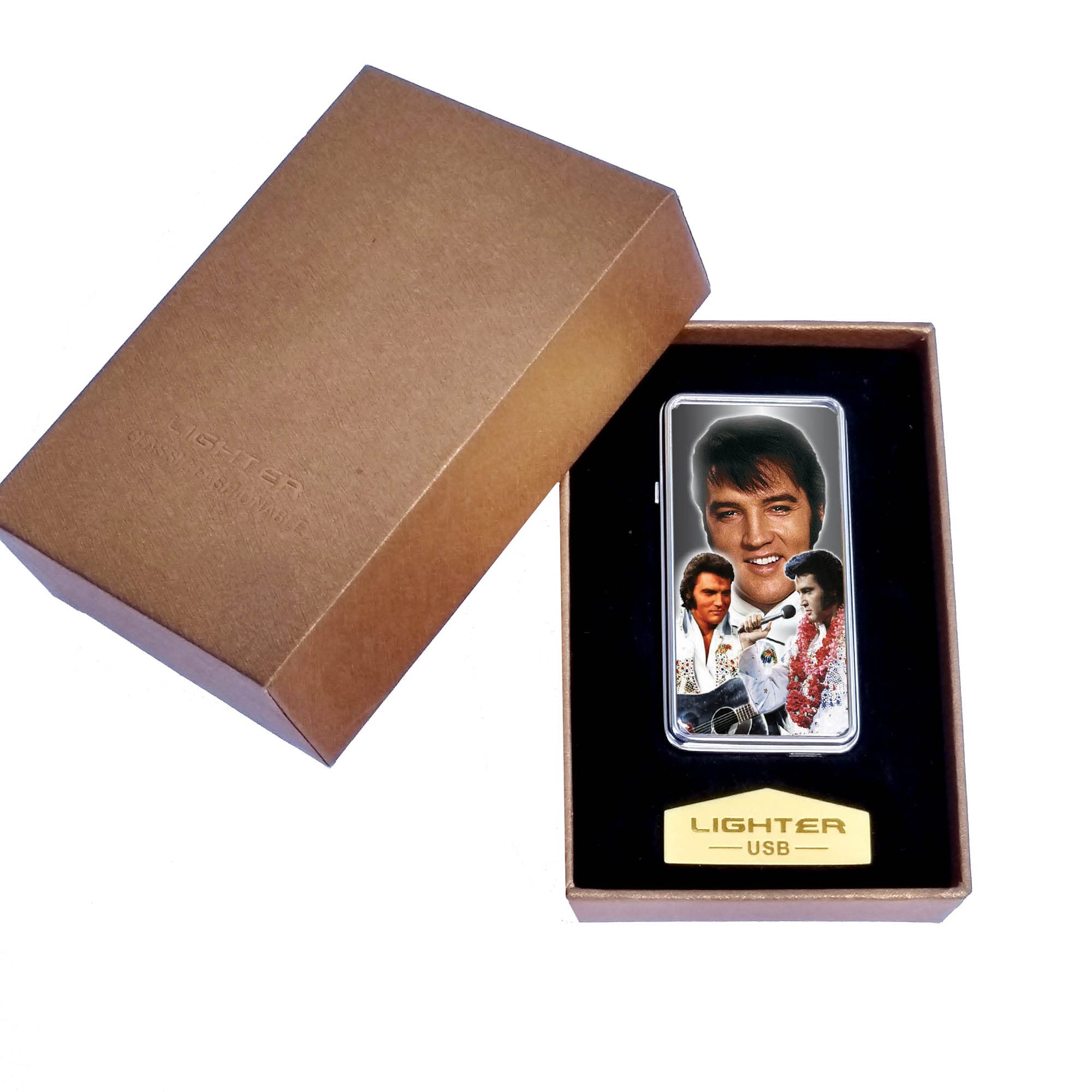 Presley King of Rock n Roll Icon Rechargeable Gift Boxed Silver Metal USB Lighter