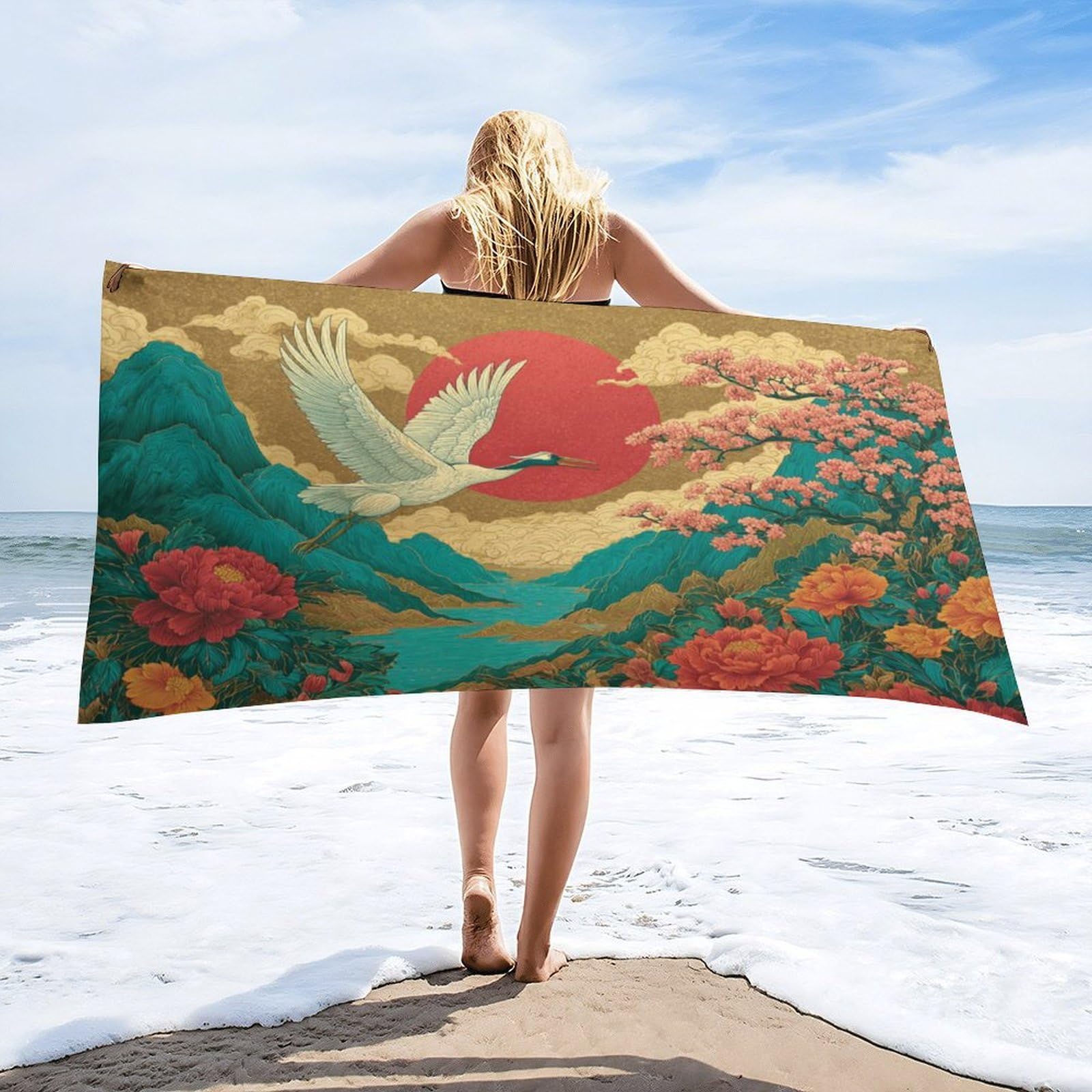 Luyysky Classic Abstract Animal Crane Quick-Drying Beach Towel, Retro Oil Painting Japanese Red Sun Peonies Cherry Blossoms Flowers Travel Vacation Single Sided Pile Bathroom Towels-80"W Cm X 160"L Cm