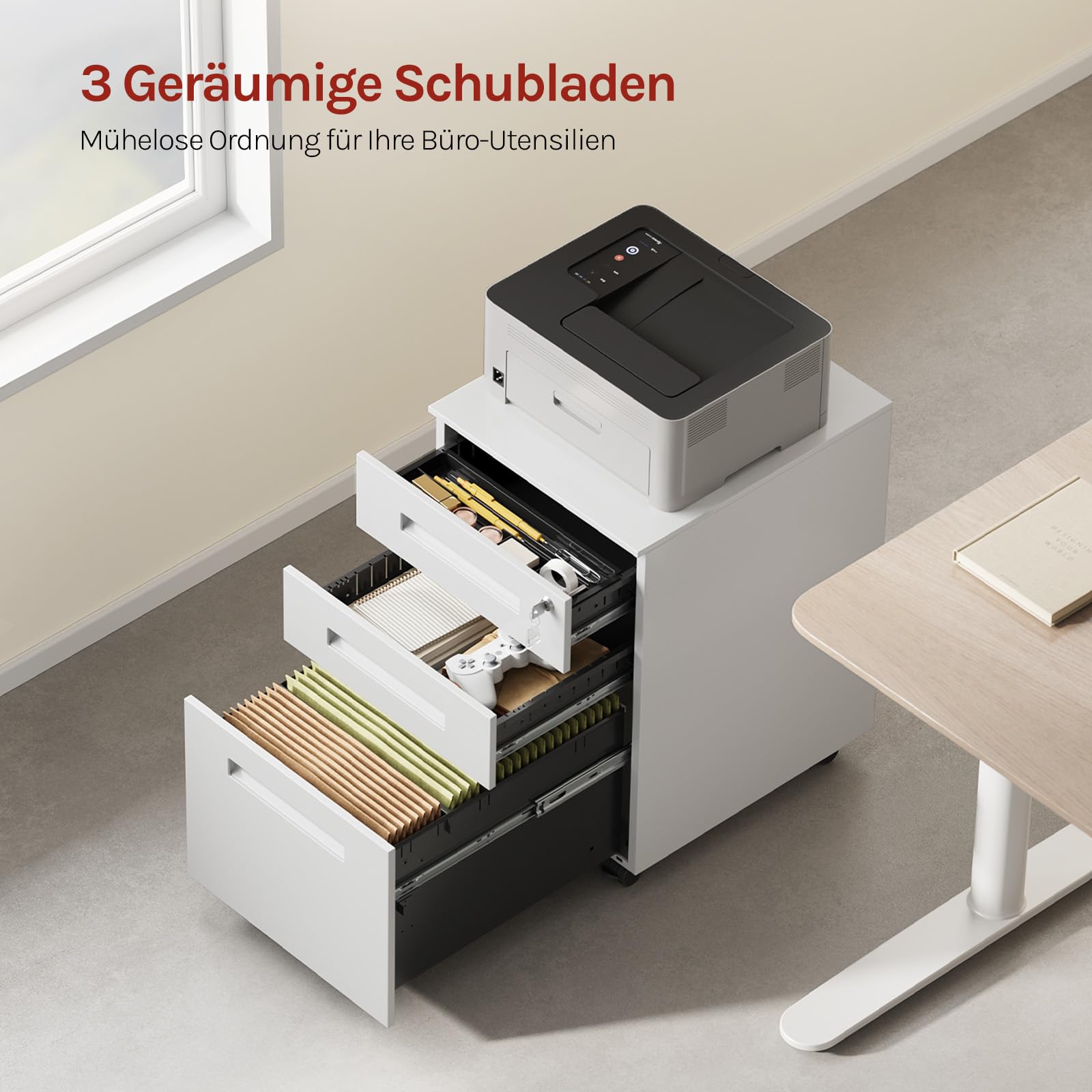 WOLTU Rollcontainer Metall, Mobiler Aktenschrank Büroschrank mit 3 Schubladen Bürocontainer, abschließbares und verstellbares Hängeregister, vormontiert, Büro, Home Office Weiß SK023ws