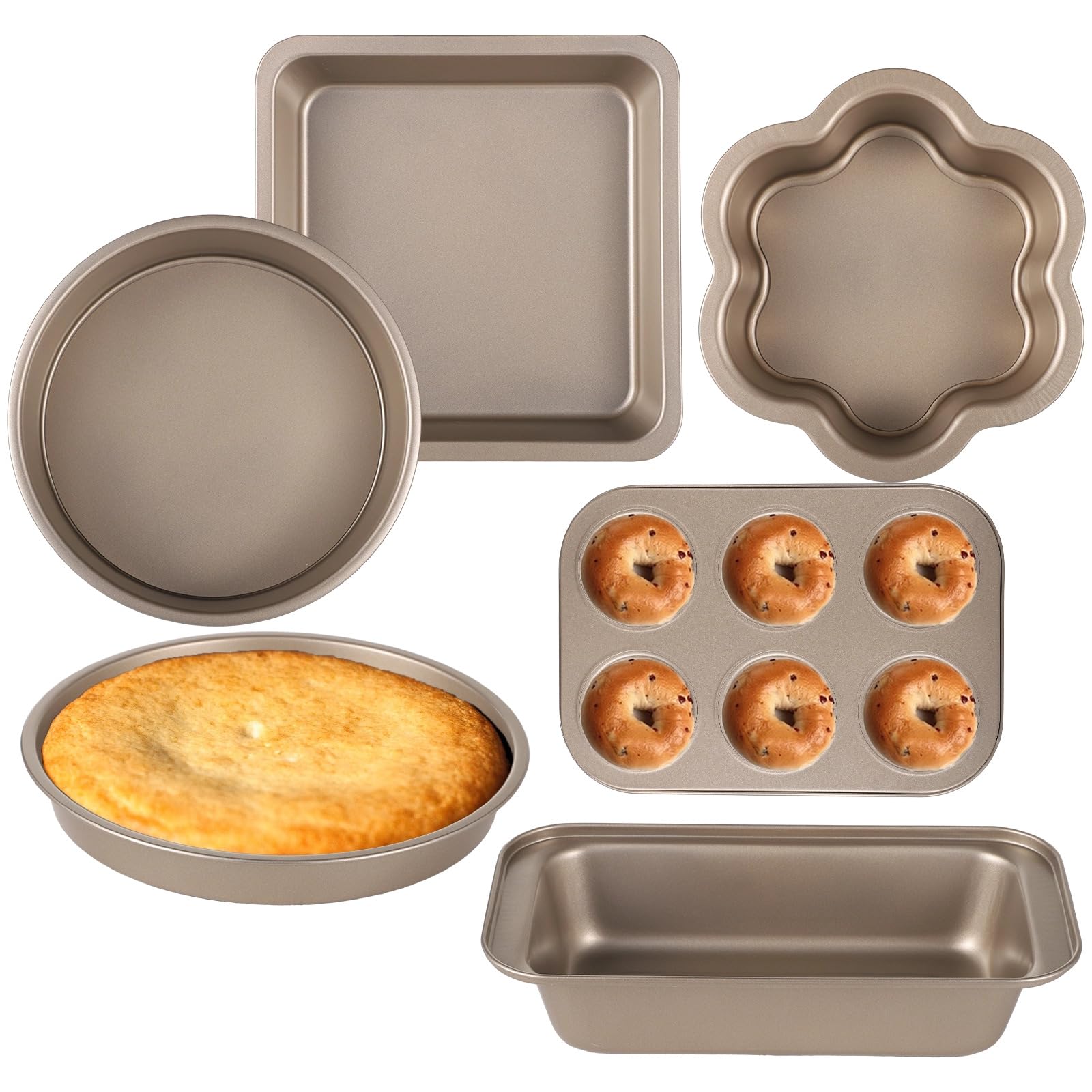 Lot de 6 moules de cuisson, revêtement antiadhésif, acier au carbone pour four, formes variées pour muffins, pizza, biscuits et toast, moules polyvalents pour gâteaux et pâtisseries