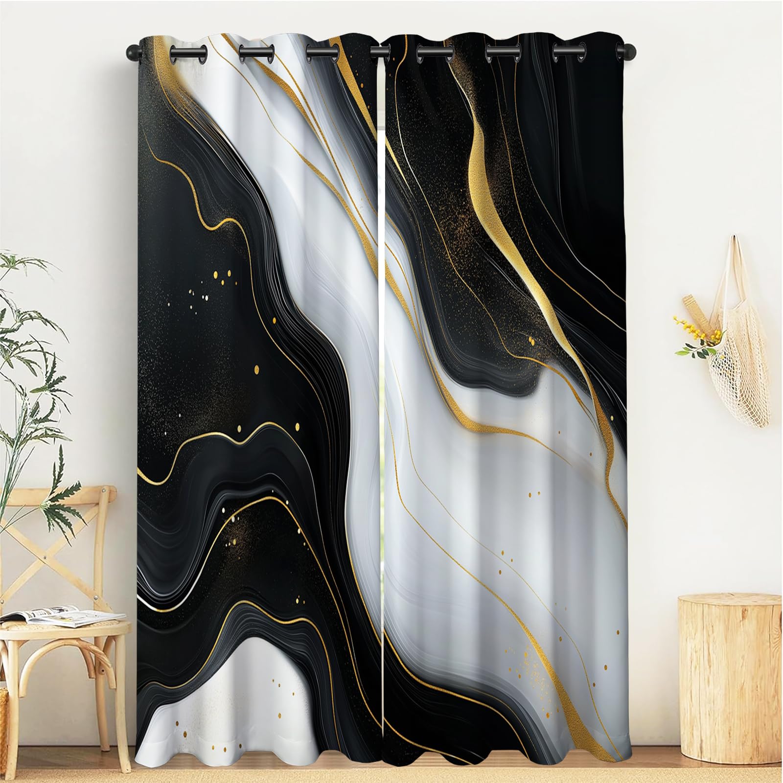 Rideaux chambre occultants au motif marbre noir et blanc 3D