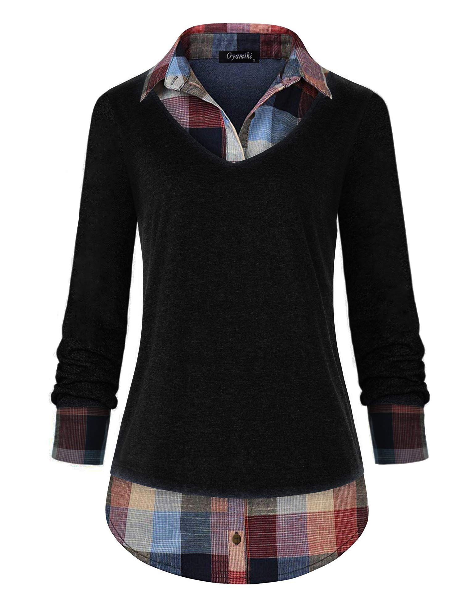 Women's Casual Collared Curved Hem 2 in 1 Pullover Tops Plaid Contrast Shirt Blouse