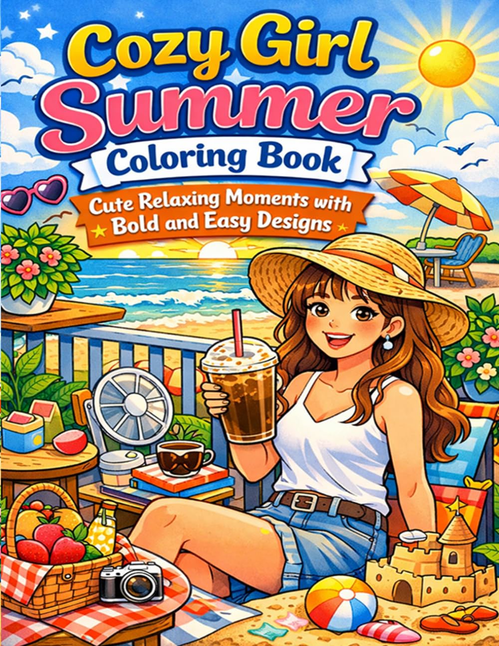 Cozy Girl Summer Coloring Book: Cute Relaxing Moments with Bold and Easy Designs: Fun and Relaxing Summer Lifestyle Scenes for Adults and Teens with Simple Bold Lines
