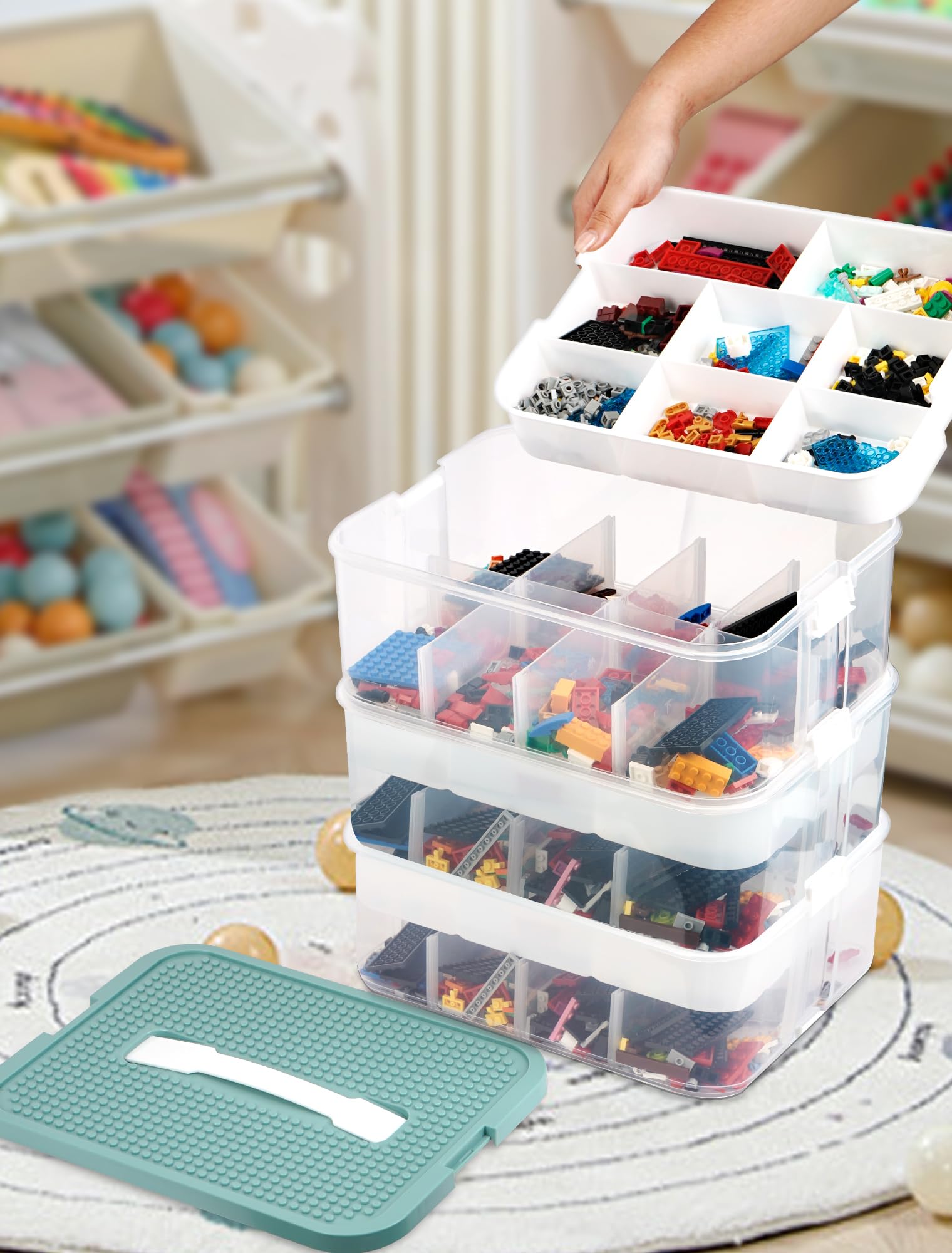 Aufbewahrungsboxen mit Deckel für Lego, 3 Ebenen Transparente Sortierbox, Plastik Stapelbar Box mit Griff& Abnehmbarem Tablett& Verstellbaren Fächer für Kleinteile, Handwerk, Accessoire