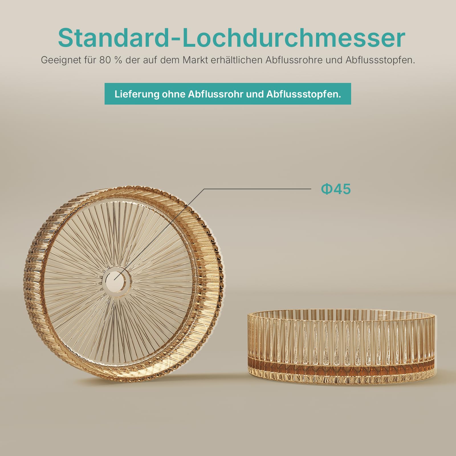 EMKE Lavabo da appoggio in vetro rotondo 40,0 × 40,0 × 12,0 cm – Design lavabo in vetro grande volume per bagno e WC degli ospiti, lavabo senza foro per rubinetto, oro rosa