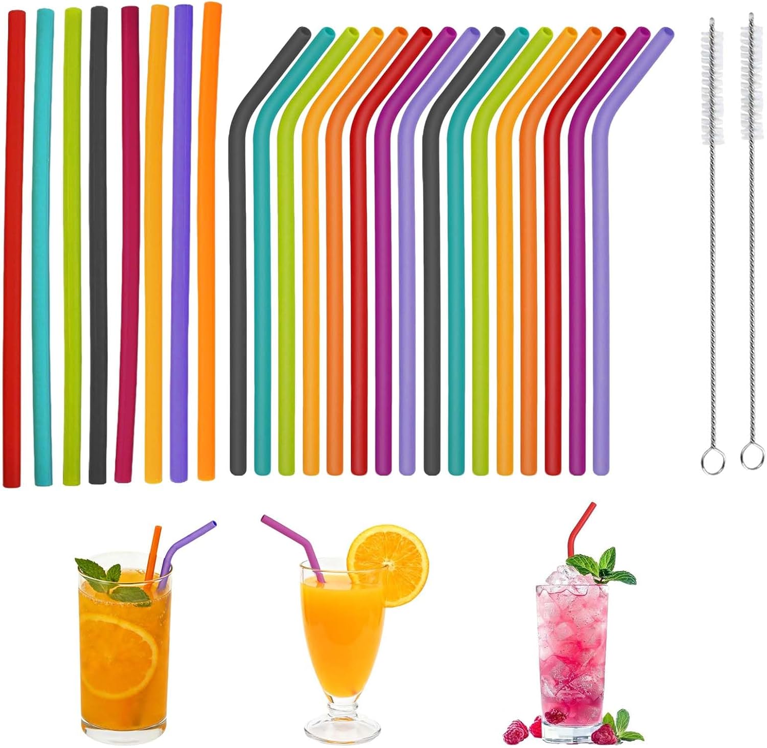HORREX Pack of 22 Silicone Straws with 2 Straws Cleaning Brush, Reusable Straws, Coloured Straws, Straws Set for Cocktails, Juices, Milk Tea Coffee