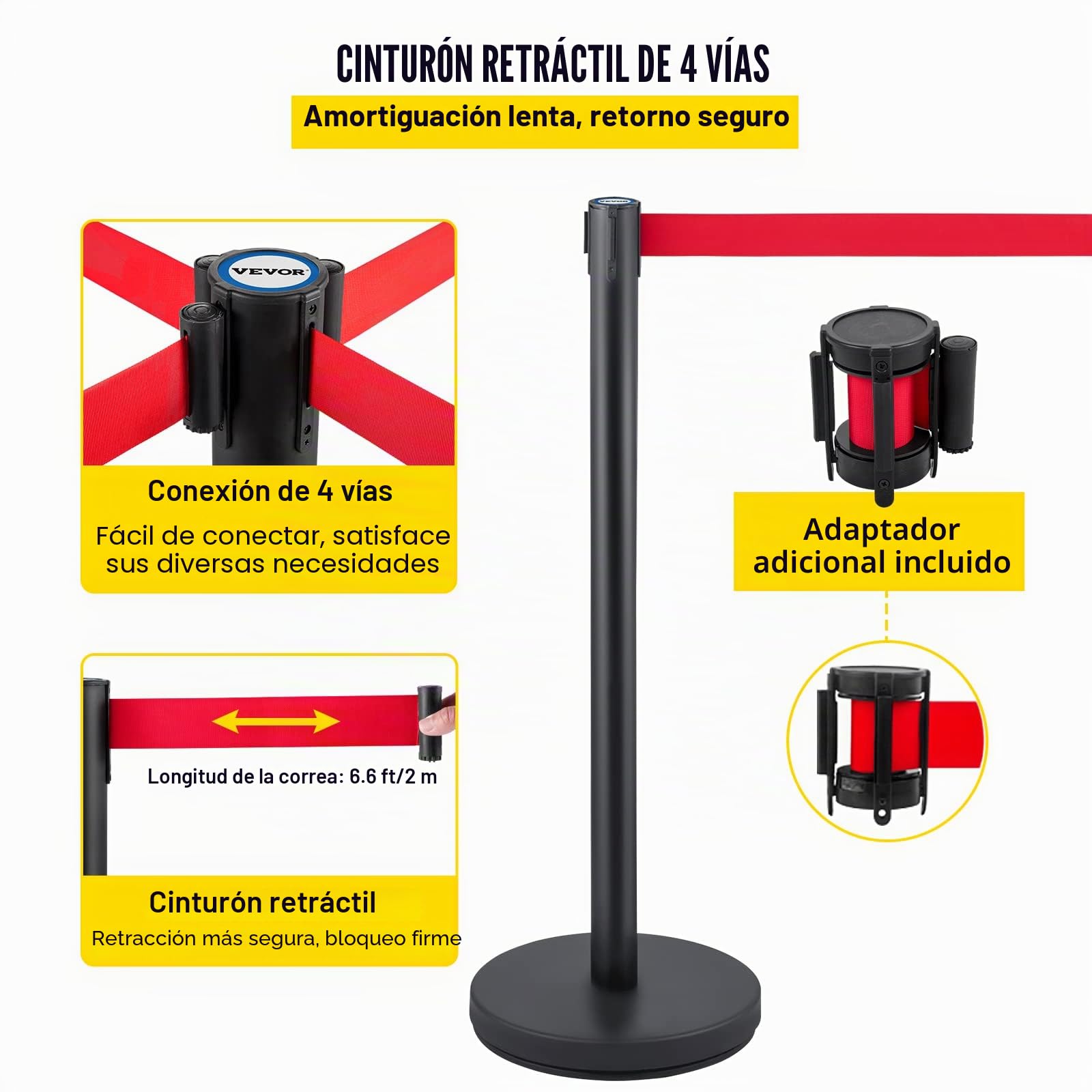 VEVOR Postes Separadores 6 piezas Altura 90 cm Negros Poste Separador con Cinta Extensible de 2 m Roja Conexión de 4 Vías Diámetro de Base 32 cm Postes de Barrera de Control de Multitudes Retráctiles