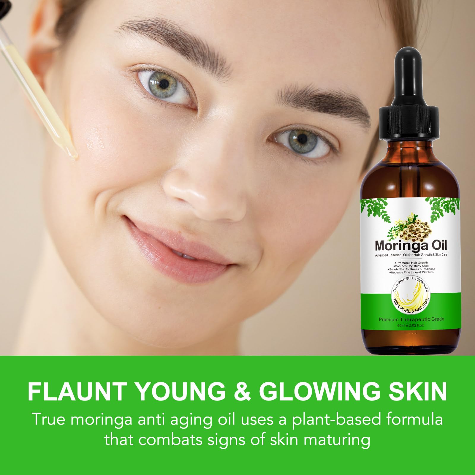 Olejek Moringa 60ml, olejek z Moringa tłoczony na zimno dla twarzy, włosów, nawilżający, do masażu, naturalny, redukuje drobne linie i przeciwstarzeniowy
