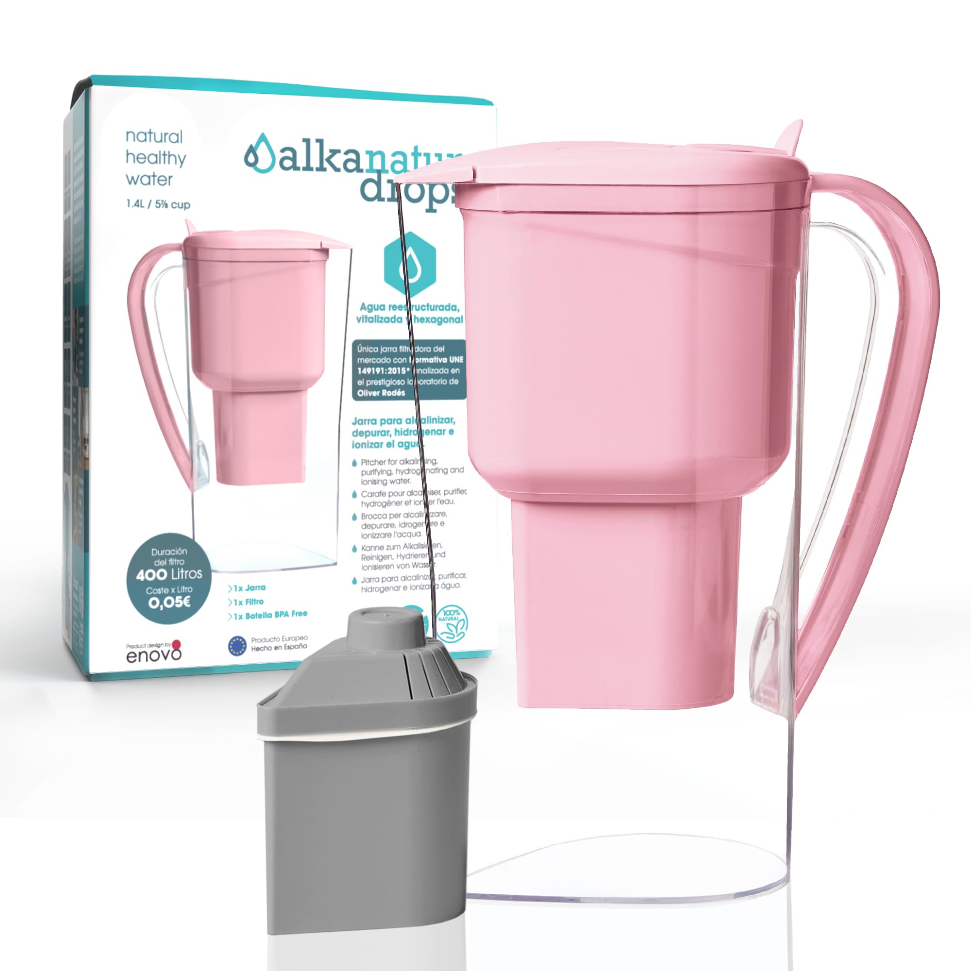 Caraffa filtrante per acqua Alkanatur Drops Rosa con filtro in zeolite - Idrogena + ionizza + aggiunge magnesio, rimuove cloro + metalli + batteri - Conforme alla norma UNE 149101:2015 - ALKANATUR