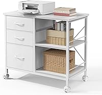 DUMOS 3-Tier Mobile Printer Stand with Drawers, Lockable Casters & 110lb Capacity - Rustic White File Cabinet for Home Office Storage