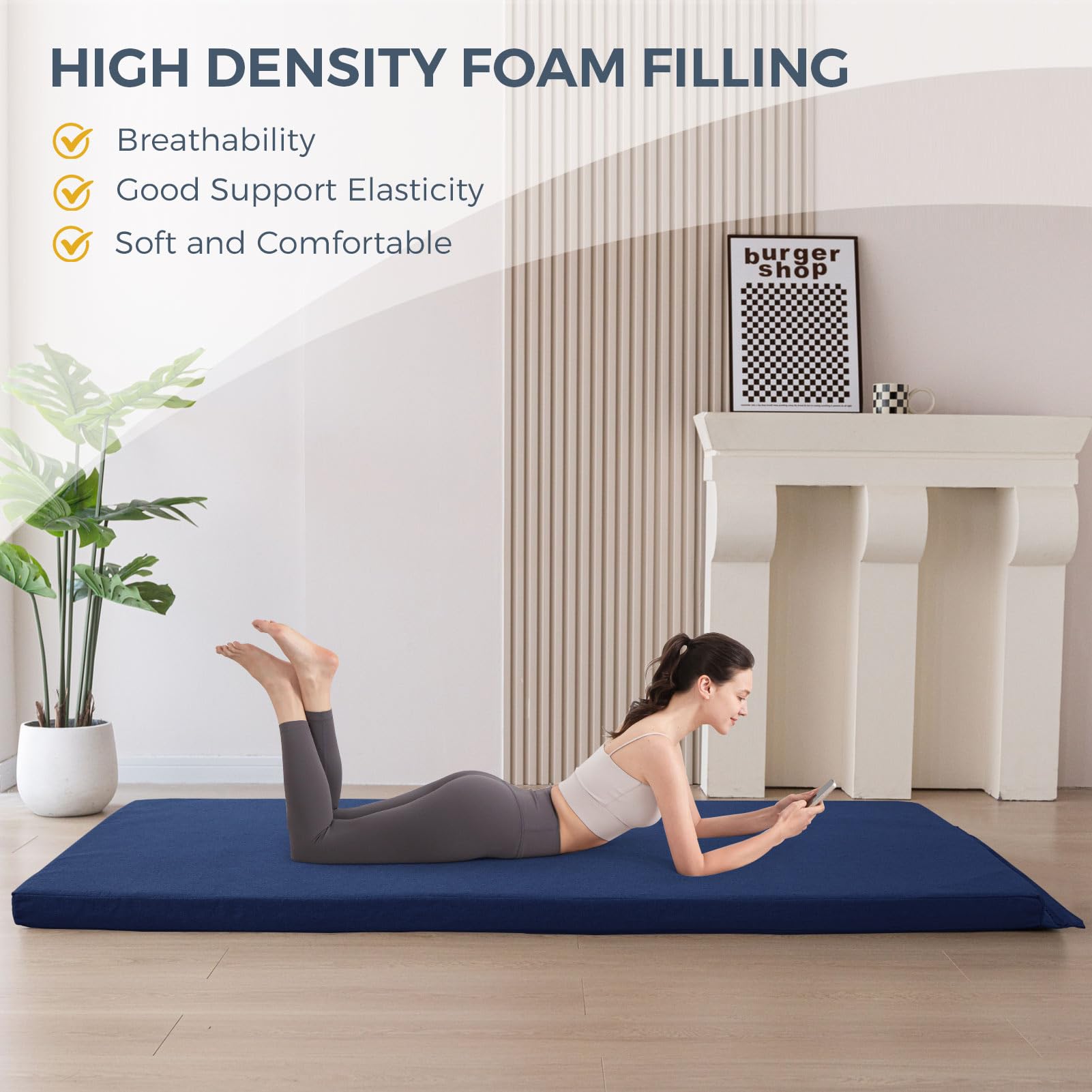 MAXYOYO Matelas Futon Portable, Pliable, en Tissu Hypoallergénique et Mousse épaisse, avec Poignée et Fermeture éclair, pour l'extérieur, Le Camping, Les Invités, la Voiture, Bleu Marine, 90x190cm