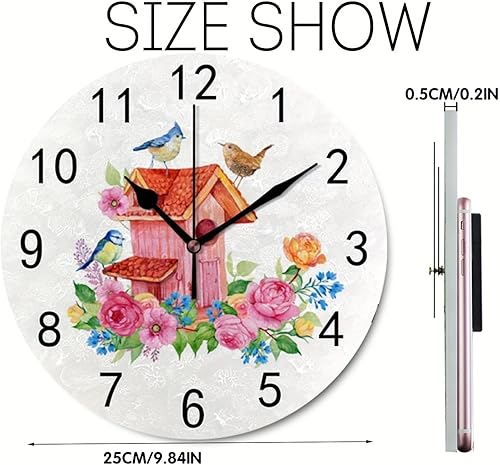 Miniatura 2 de Hapuxt Reloj de pared de PVC sin tictac, silencioso, granja, pájaro, flores, acuarela, redondo, funciona con pilas, decorativo para el hogar,
