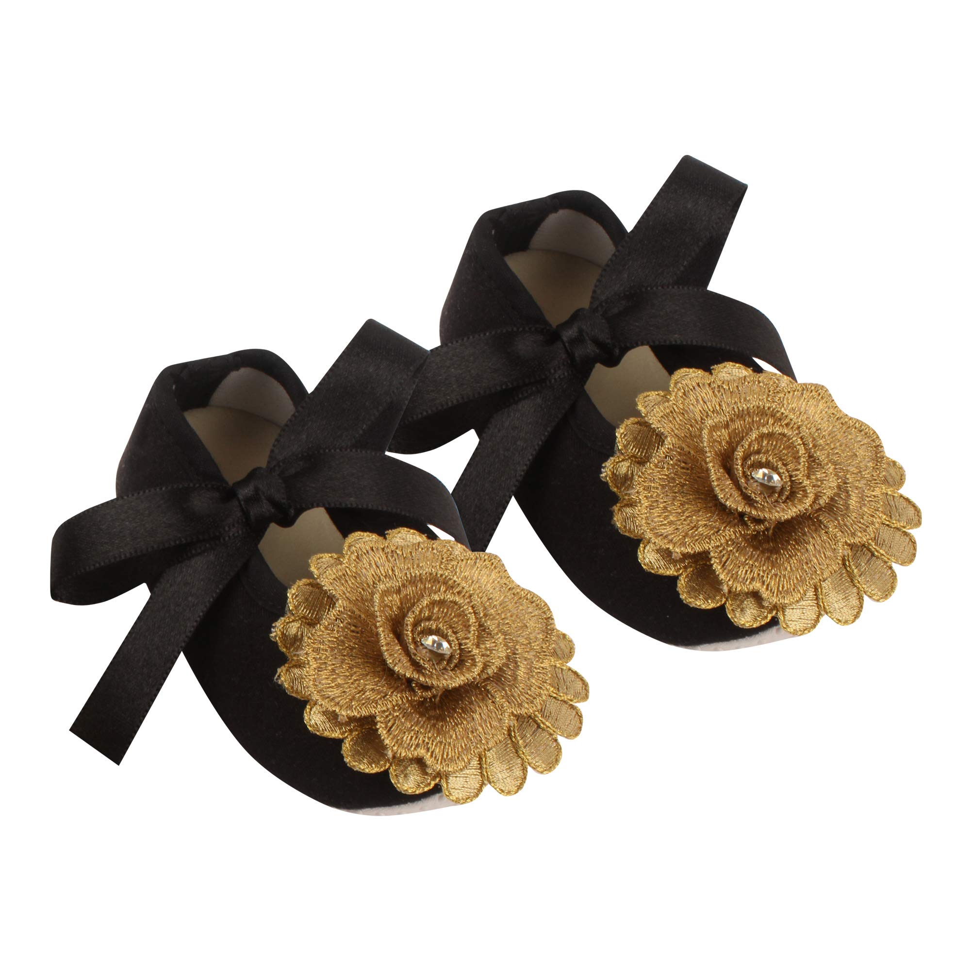 coco candy Baby Boys & Girls Black Ribbon New Born Infant Kids Booties with Golden Flower - Black, 3 Months to 12 Months-picture-1
