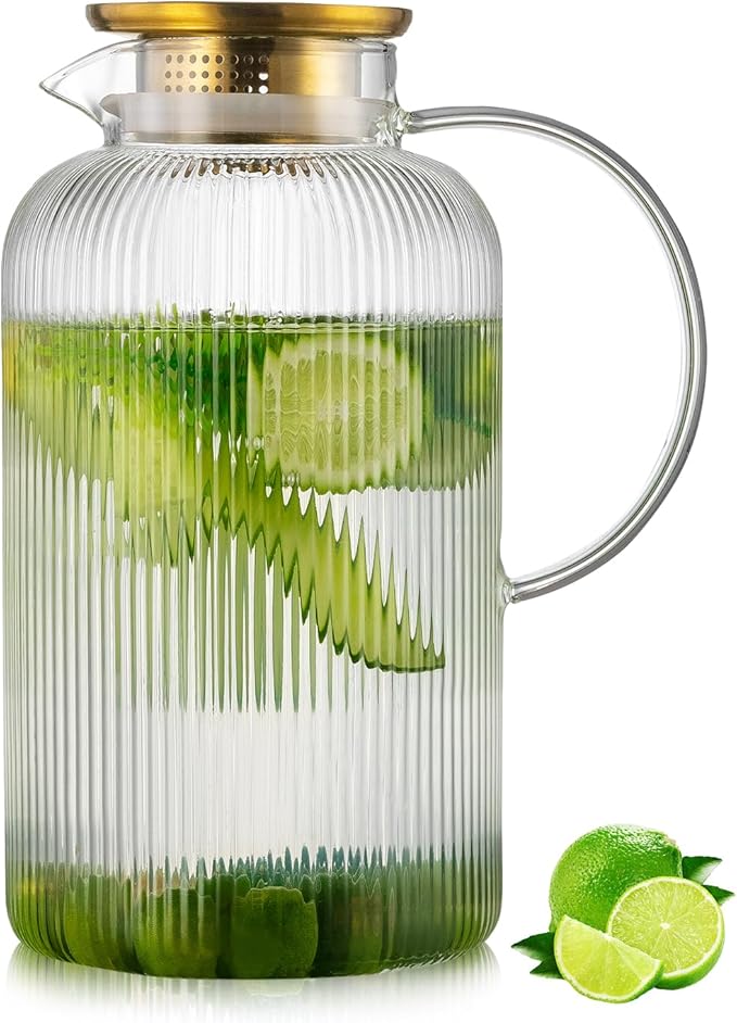 Buaic 2 PACK Glass Pitcher with Lid, 74oz/ 2.2 Liter Classic Vertical Stripes Water Pitcher with Handle,Glass Water Carafe for Cold Brew, Coffee, Lemonade, Iced Sun Tea,Beverage,Heat Resistant