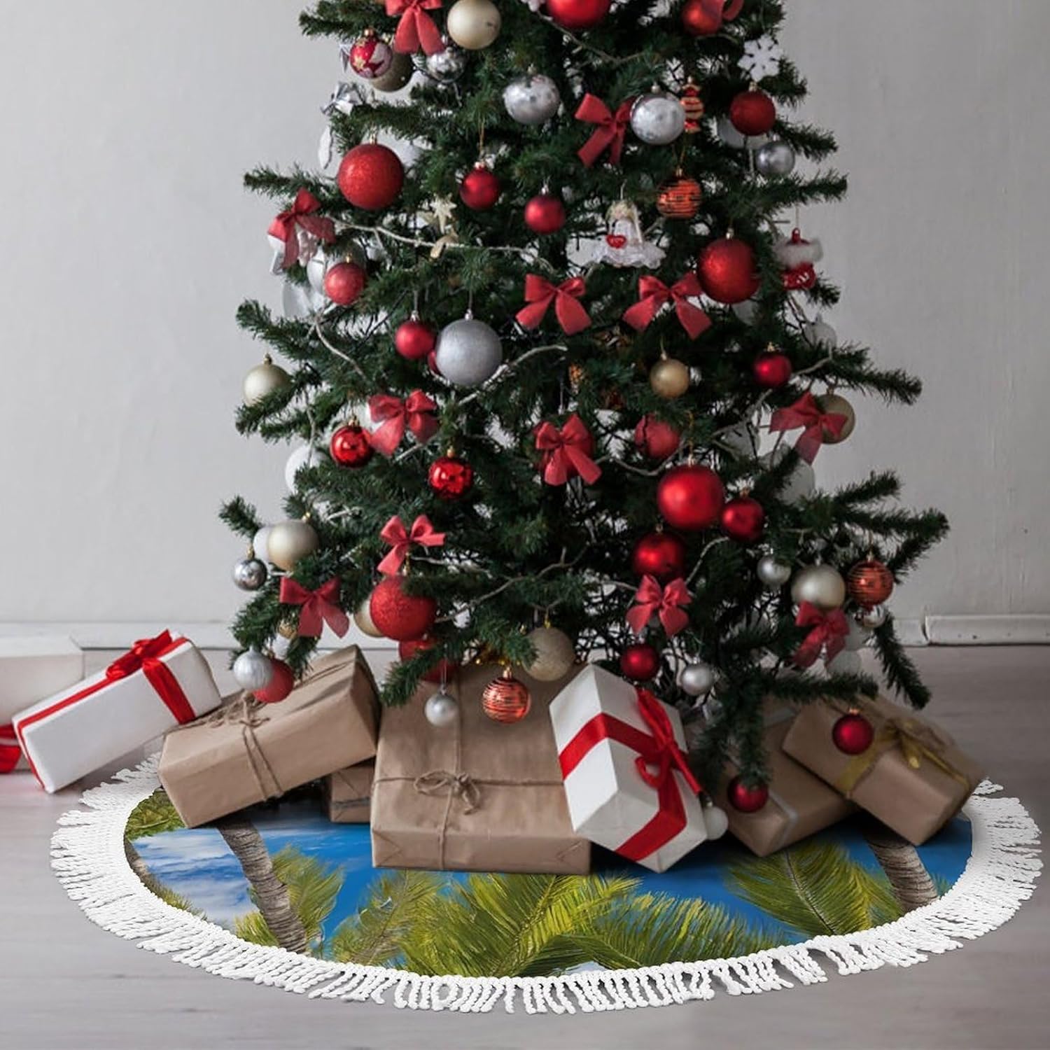 Christmas Tree Skirt 48 Inch, Waterproof Tassel Xmas Tree Skirt for Real & Artificial Trees, Trees Clear Sea Holiday Tree Collar Cover, Winter Christmas Tree Mat for Home Party Indoor Outdoor Decor