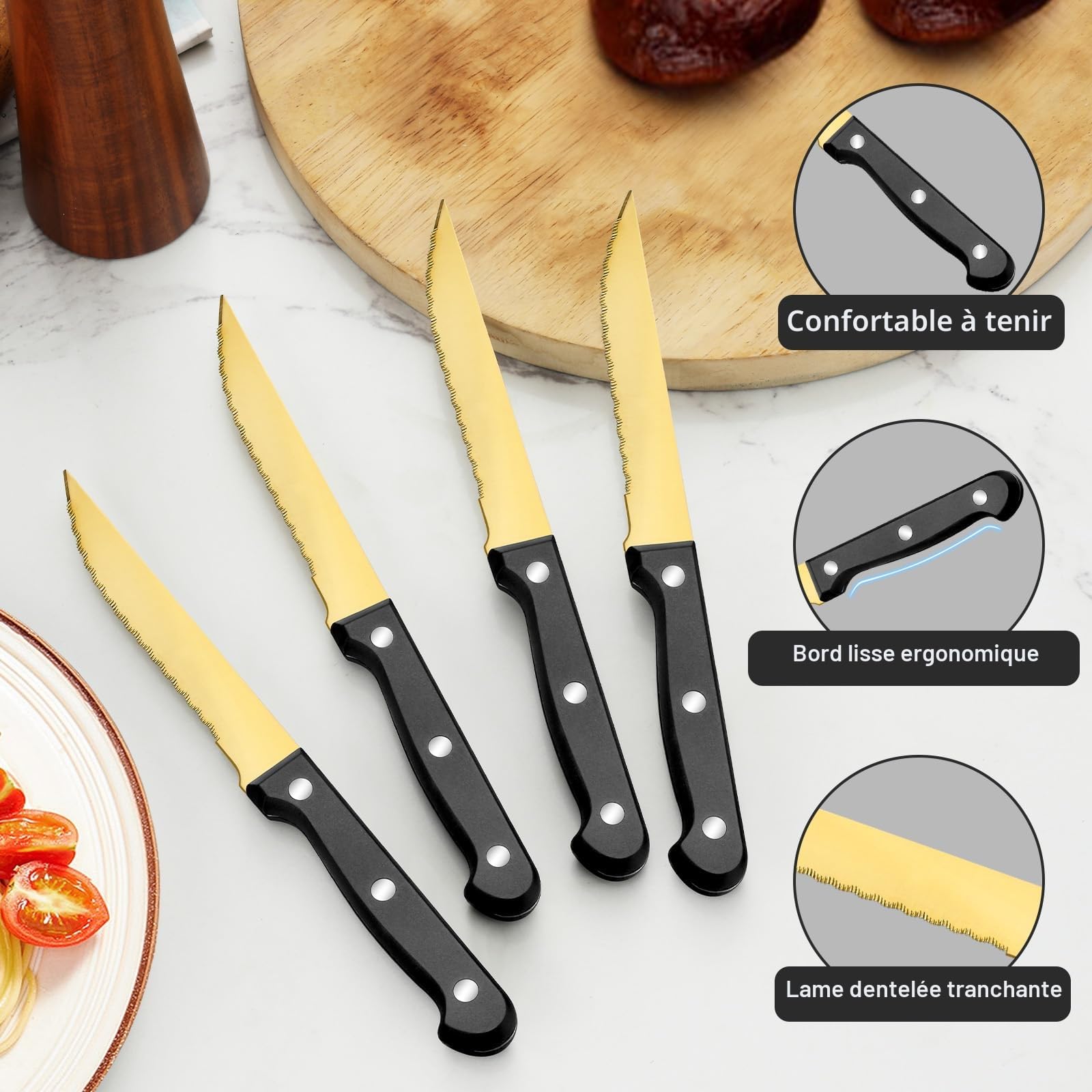 Pleafind Couverts de Table 12 personnes, 72 Pièces Couvert Dorés, Set de couverts en acier inoxydable avec couteau à steak, compris fourchettes, cuillères, couteaux, résistant au lave-vaisselle