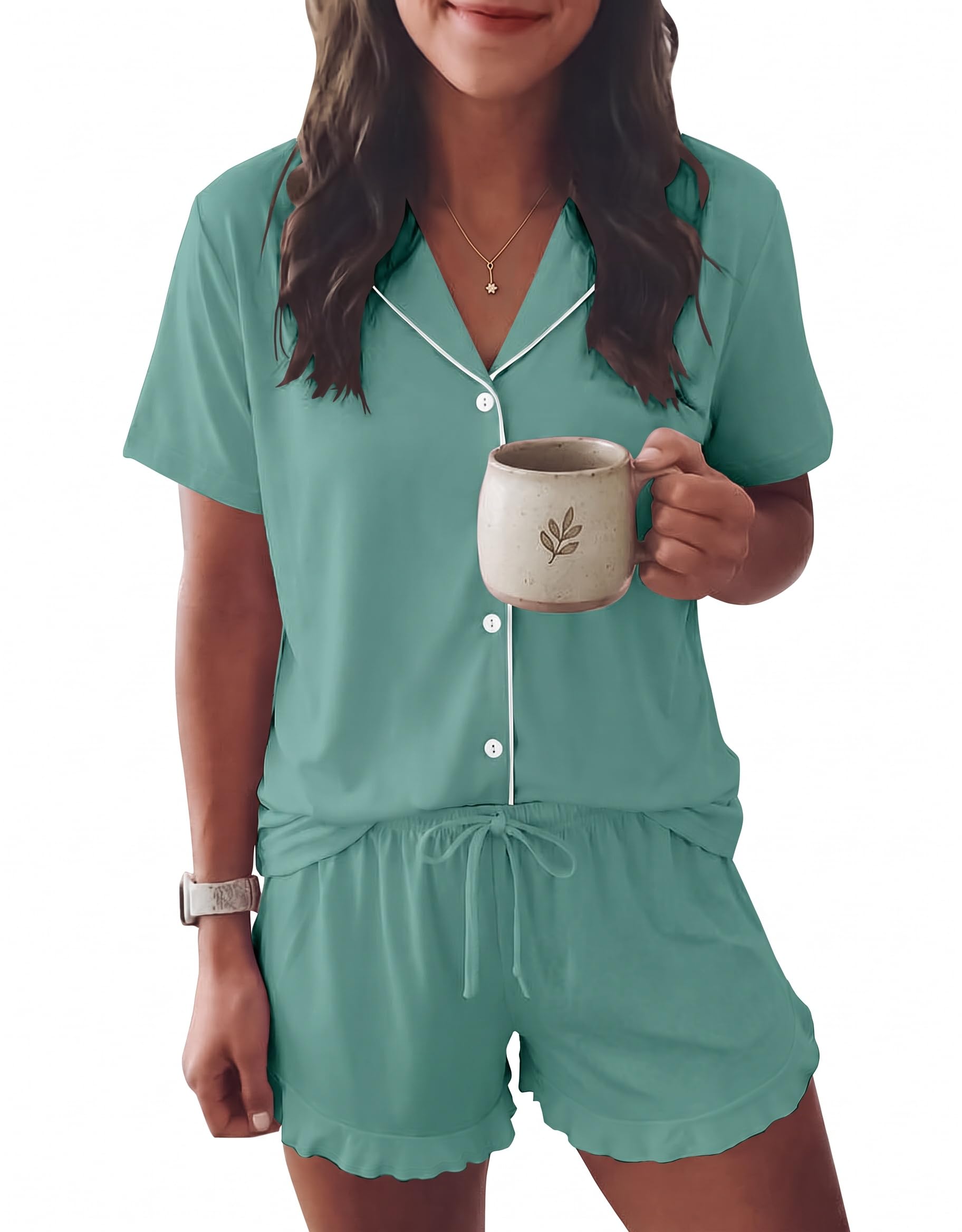 Ekouaer Womens Pajama Sets Button Down Cute Ruffled Pjs Set Sleepwear