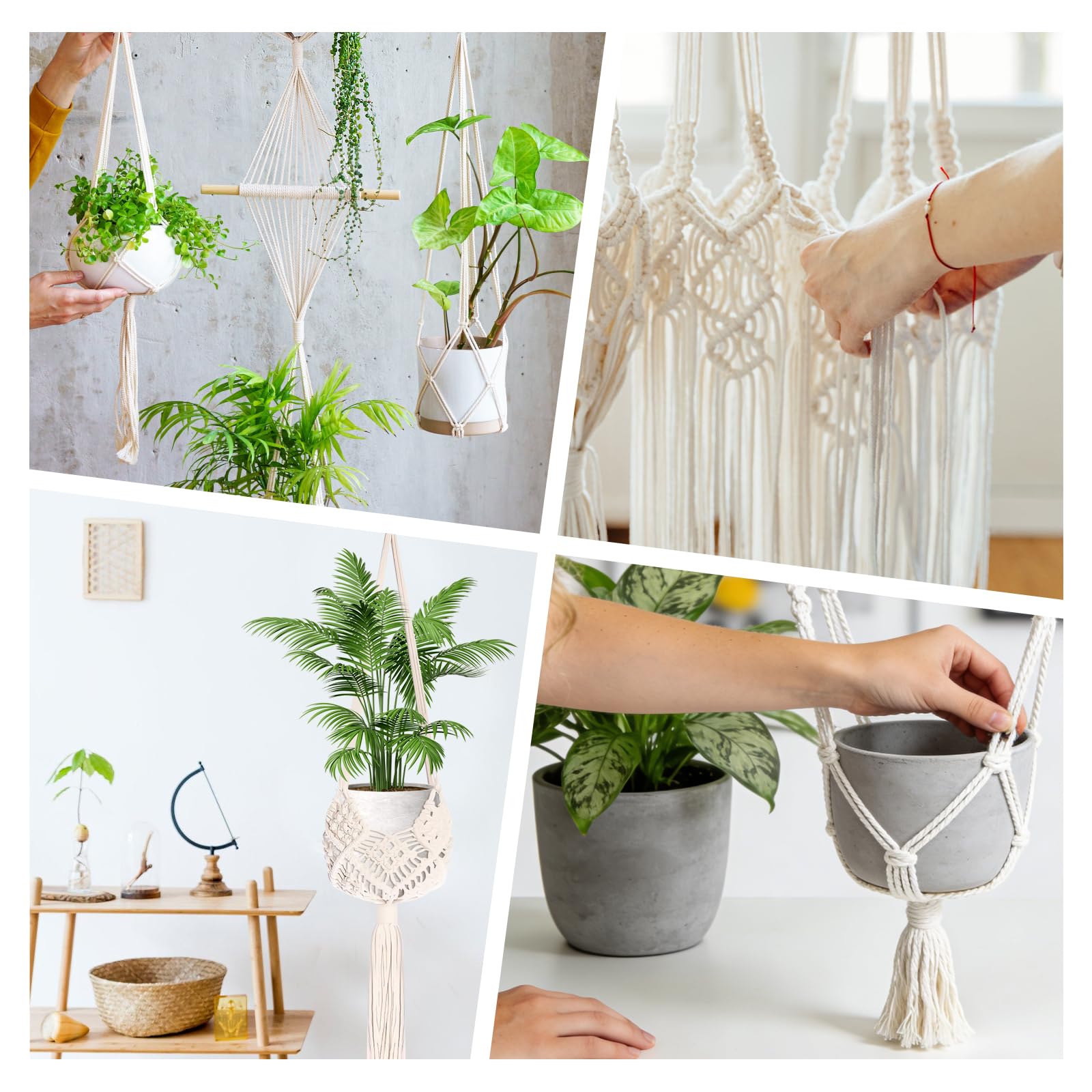 AKONE Makrama, wisząca wisząca makrama, makrama, dekoracja ścienna z haczykami, doniczka wisząca na rośliny, styl boho, wisząca doniczka do ogrodu, na balkon, dekoracja ścienna, 4 sztuki