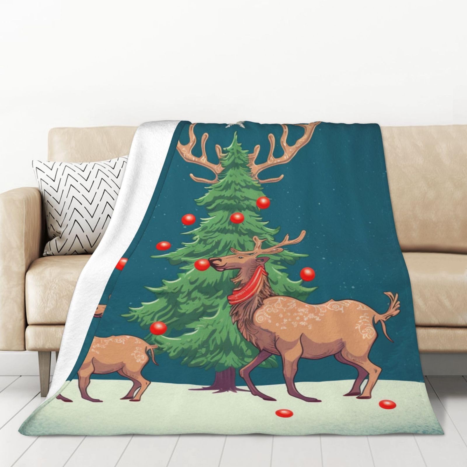Couverture élan et sapin de Noël en flanelle de 320g pour le canapé du salon en 127x178 cm