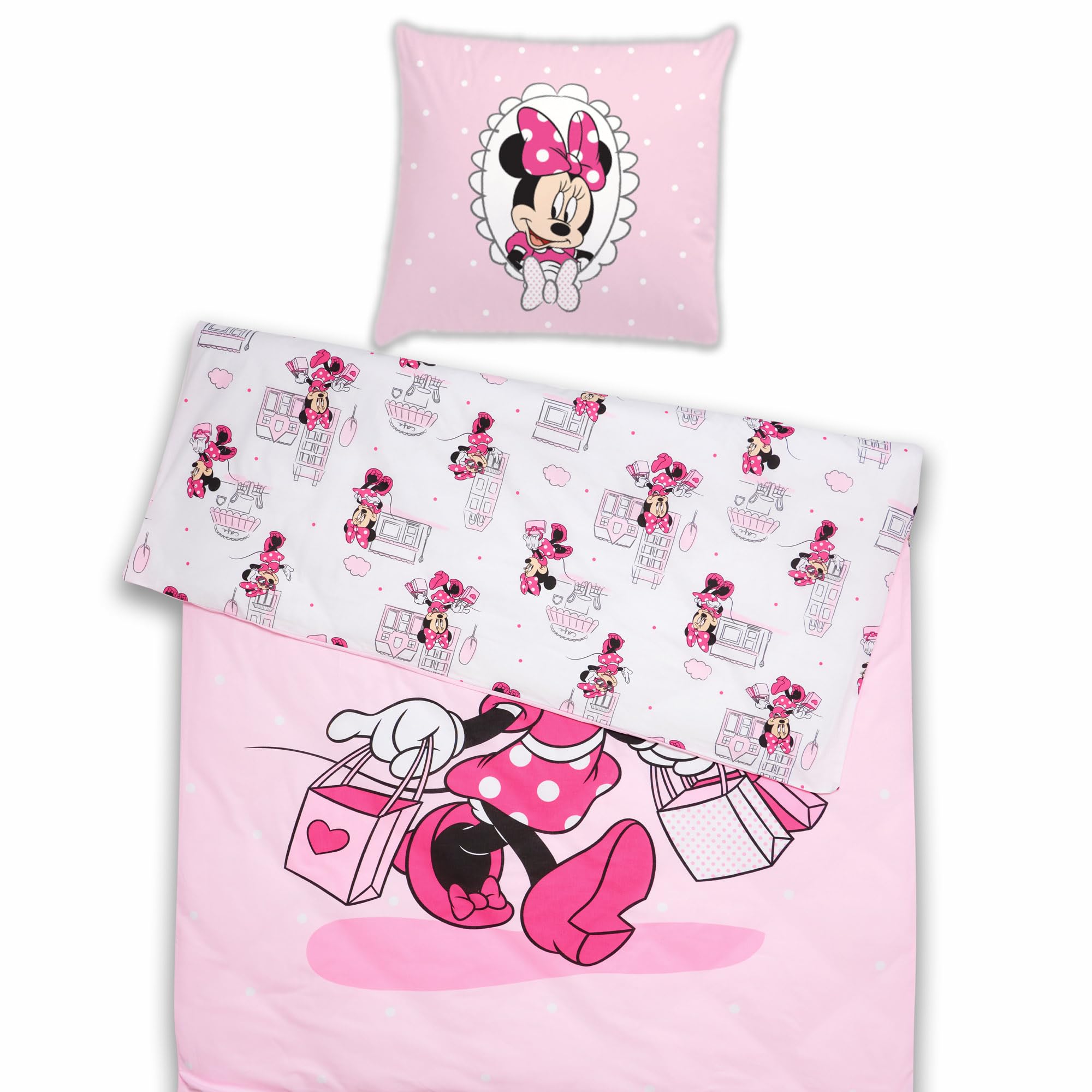 Minnie Mouse Bettwäsche Shopping 135 x 200 cm + 80 x 80 cm 100% Baumwolle in Renforcé-Linon-Qualität mit YKK-Reißverschluss Minnie Maus Disney Mickey Daisy Donald Goofy Sweet Love Deutsche Größe
