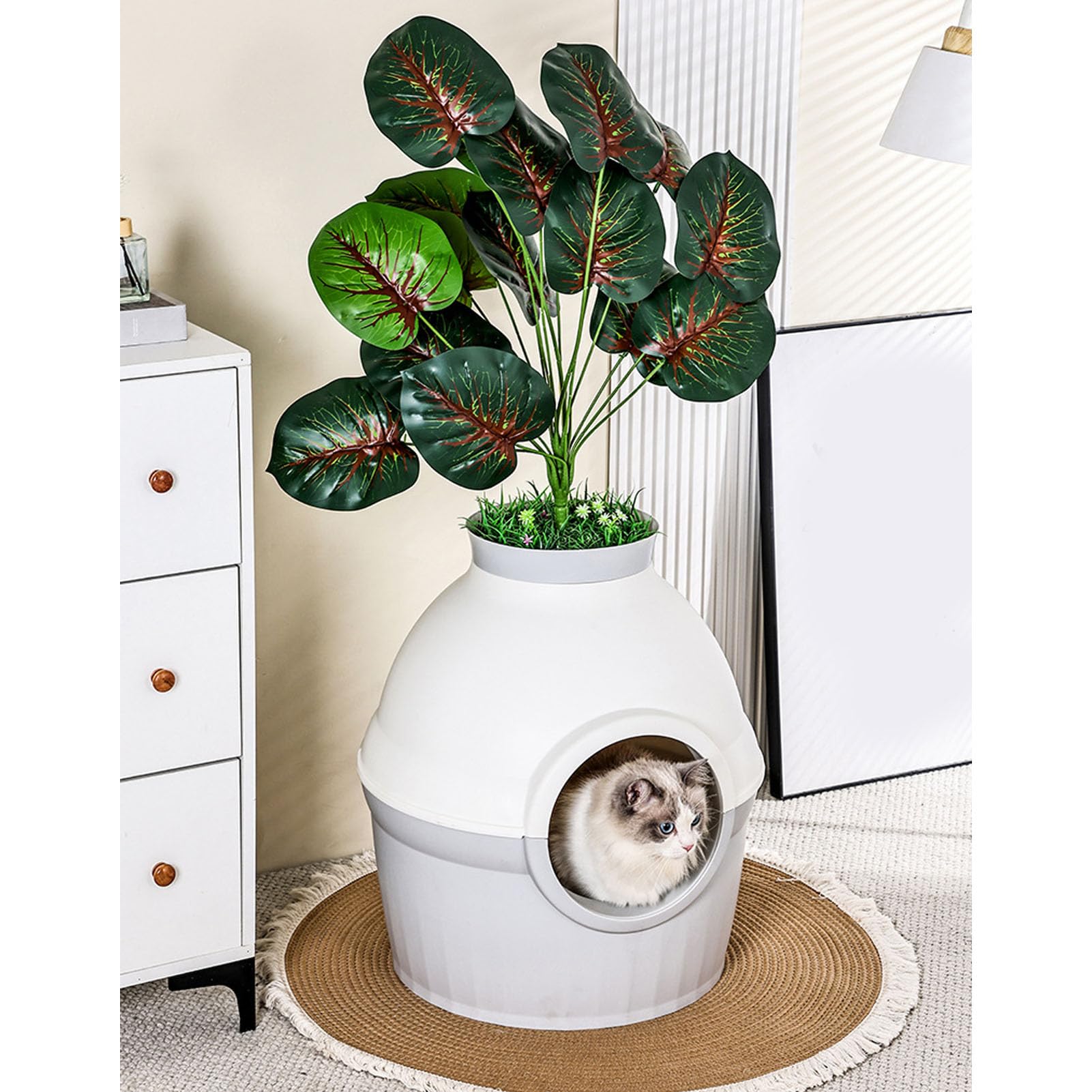 Fdit Bac à Litière pour Chat Végétal, Très Grand Bac à Litière caché Semi-fermé en PP avec Cuillère Anti-éclaboussures pour Les Chats 60x42,5 Cm