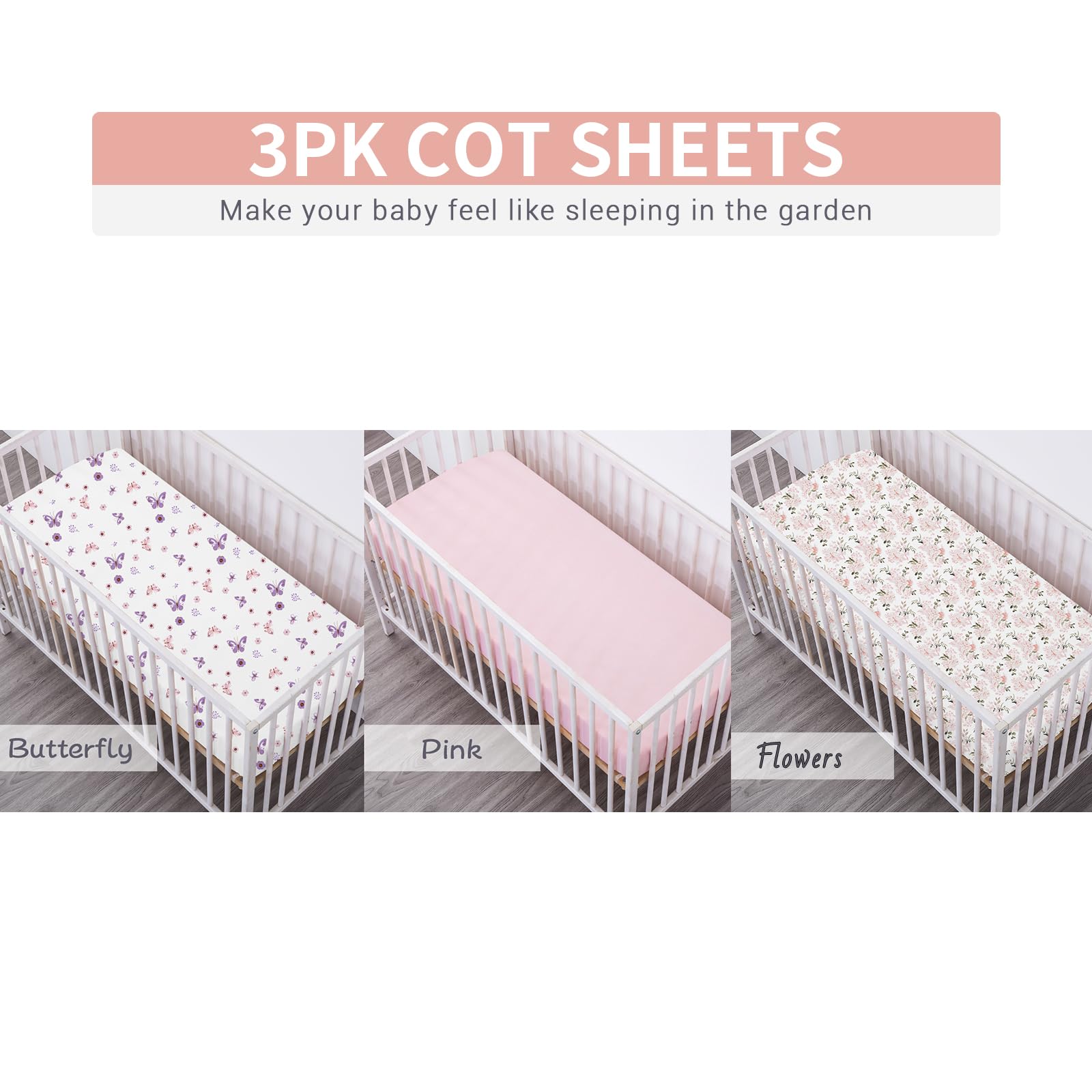 Bimocosy 3 Pack Cot Sheets,100% Microfiber- Breathable, 120 x 60cm Cozy and Lightweight Cot Fitted Sheets, Butterfly, Flower - Image 4