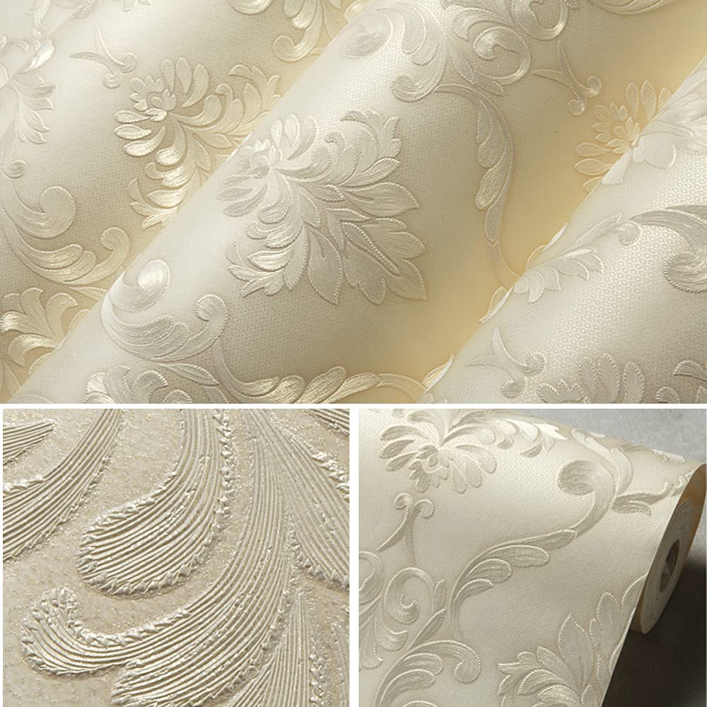 通用 20.87″Wx393.7″L Damask 3D Embossed Modern Minimalist Restaurant Bedroom Living Room TV Background Non-Woven Wallpaper 20.87″Wx393.12″L Non-Pasted (Light Beige) - Image 4