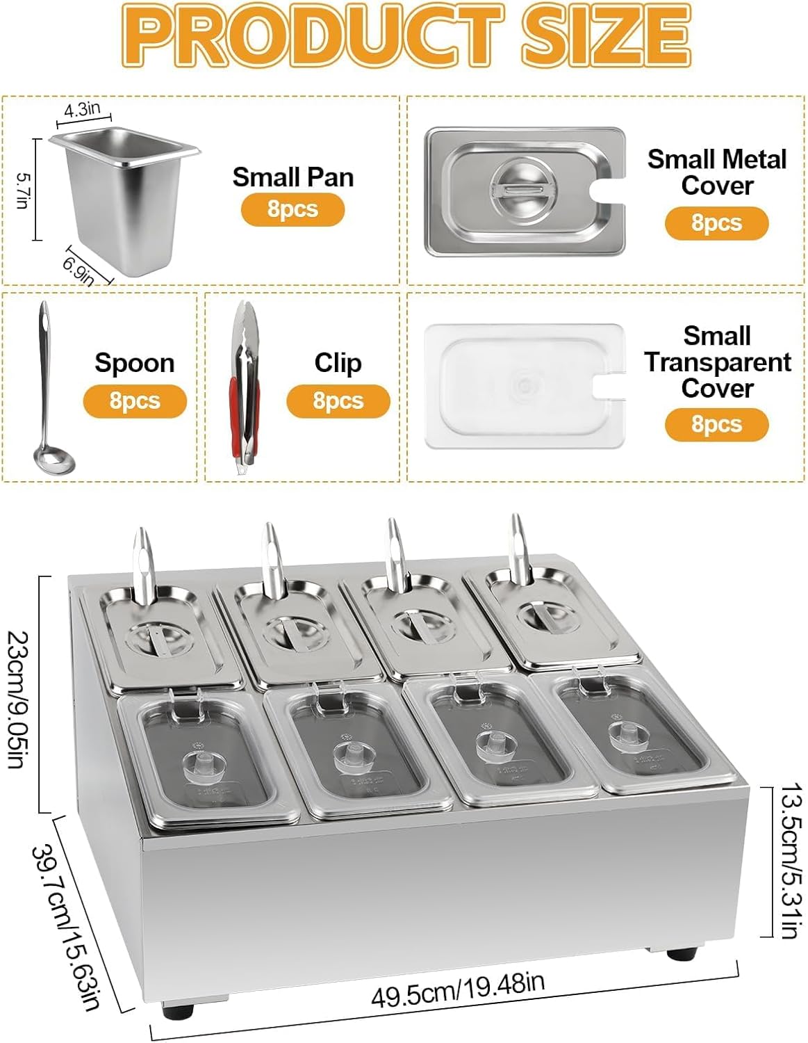 Lanstics Pizza Topping Station Pizza Storage Container Topping containers with Lids Spoon Condiment Organizers Buffet Containers Set for Restaurant Pizza Sauce Jam Fruit Ingredient Pantry (8 Pans) Stainless 8 Pans