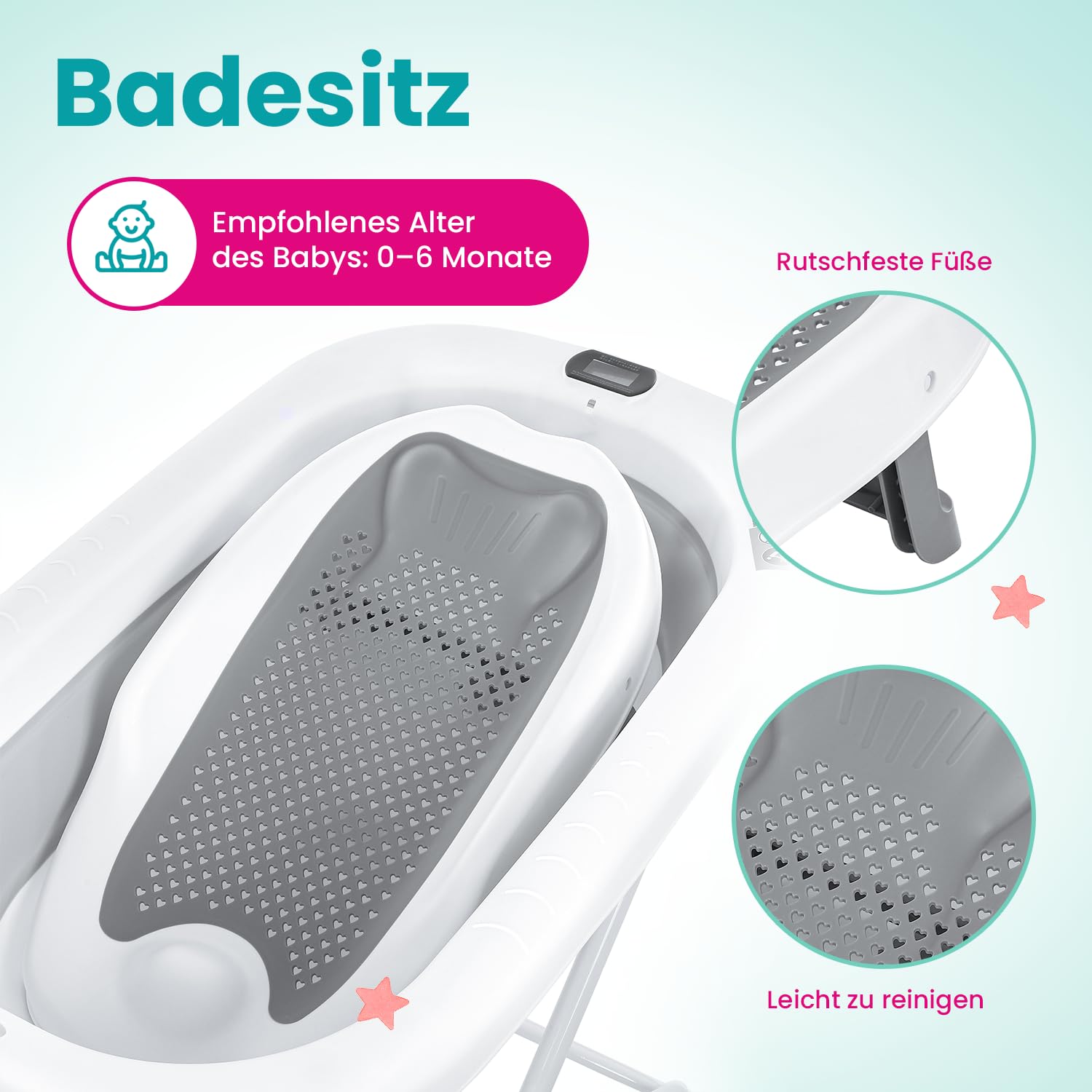 Primabobo Milo Faltbare Babybadewanne mit Gestell und Badesitz, Elektronischem LCD-Thermometer und Ablaufschlauch, Stabiles Bade-Set für Neugeborene und Babys, Grau