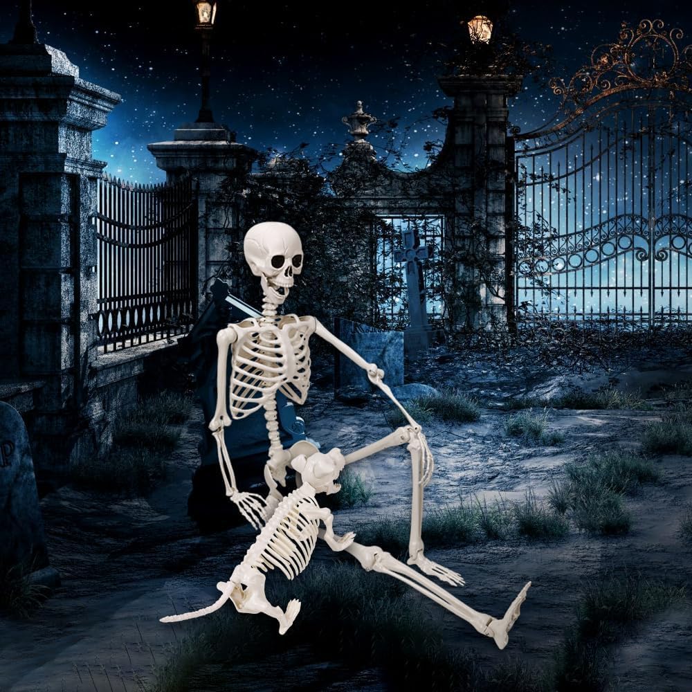 165cm Halloween Bewegliches Skelett mit Hund, Ganzkörper Hunde Lebensgroßes Skelett Realistische Menschliche Skelette mit beweglichen Gelenken für Halloween Outdoor Party Dekoration