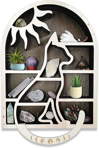 Ella & Emma Moon & Cat Estante de exhibición de cristal de madera diseño de sol creciente - Decoración de pared espiritual para habitaciones hippies
