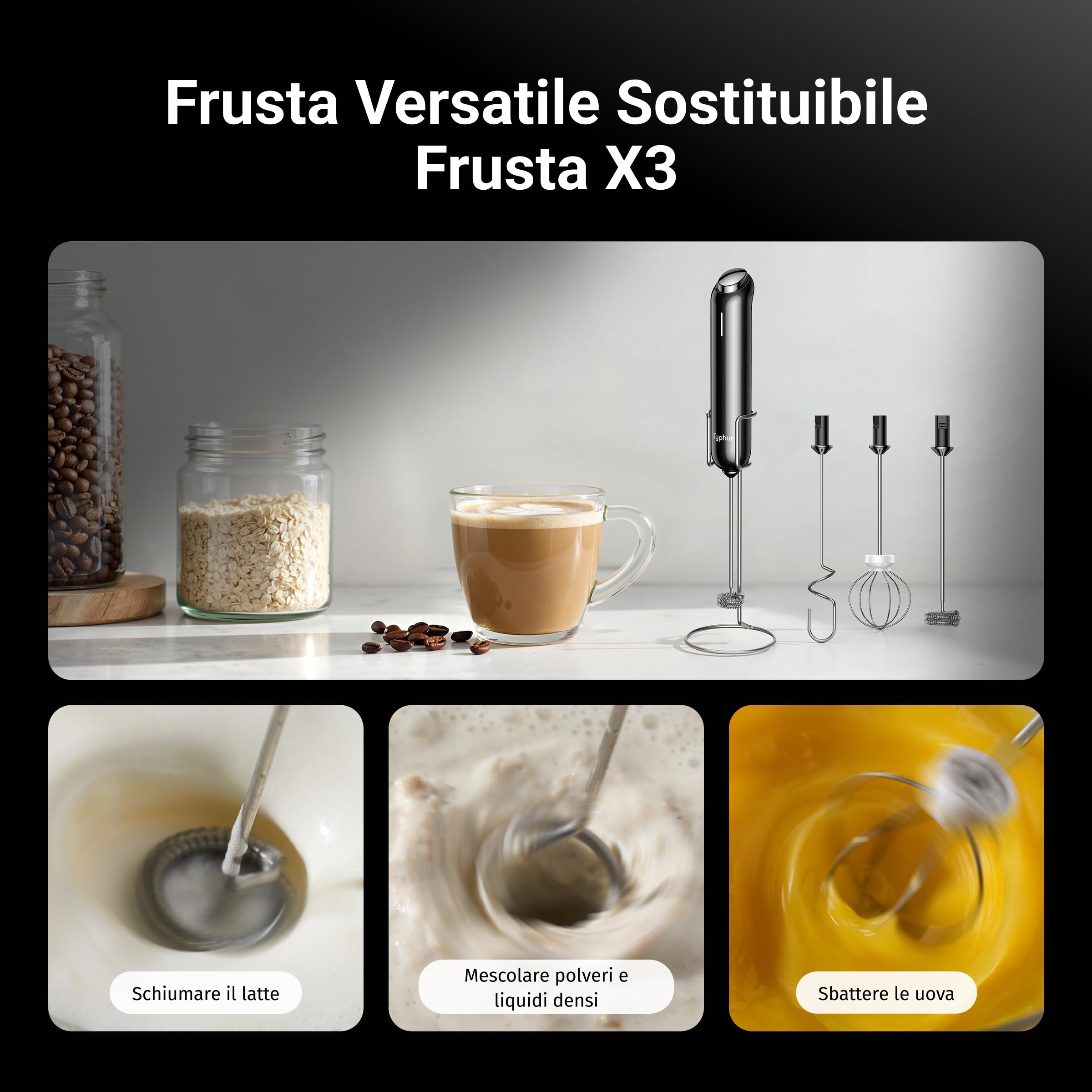 Typhur InstaWhisk Montalatte Elettrico Portatile, Velocità Variabile 1600-10000 RPM, 3 Fruste Removibili, Ricarica USB-C, Frullino per Cappuccino, Latte Macchiato, Cioccolata Calda, Bevande Vegetali