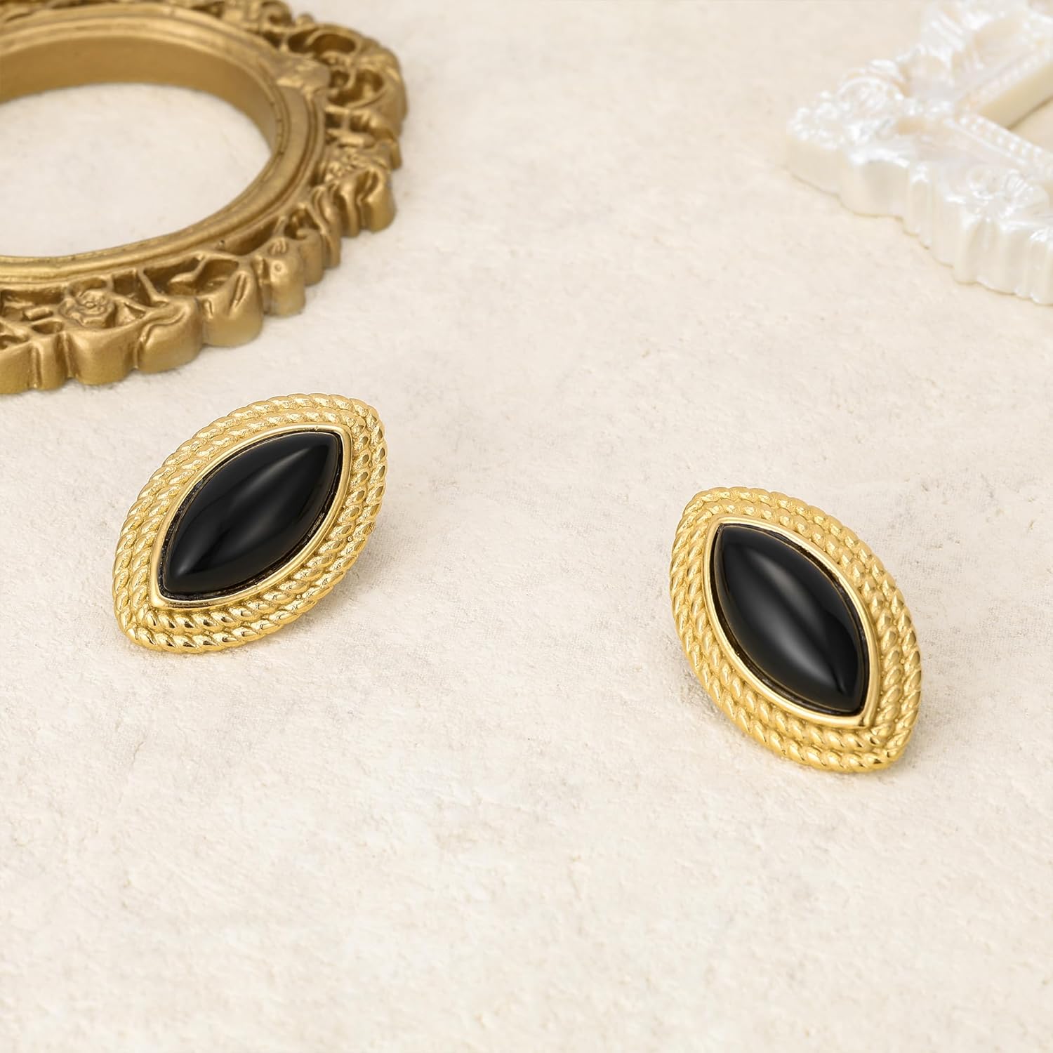 Chunky Earrings Vintage Black Oval Stud Black and 18K Gold Plated Statement Earrings for Women Non Tarnish Stainless Steel Jewelry - Image 5