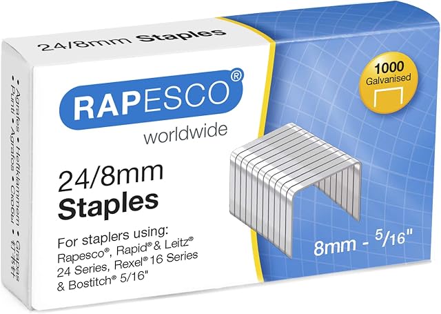 Rapesco 1456 Type 24 / 8 mm Galvanised Staples, Pack of 1000