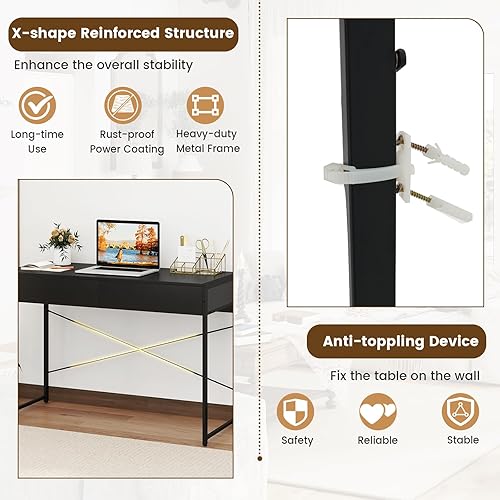 Miniatura 5 de GOFLAME Moderno escritorio para computadora de 2 cajones, escritorio de oficina en casa con marco de metal reforzado de alta resistencia, escritorio